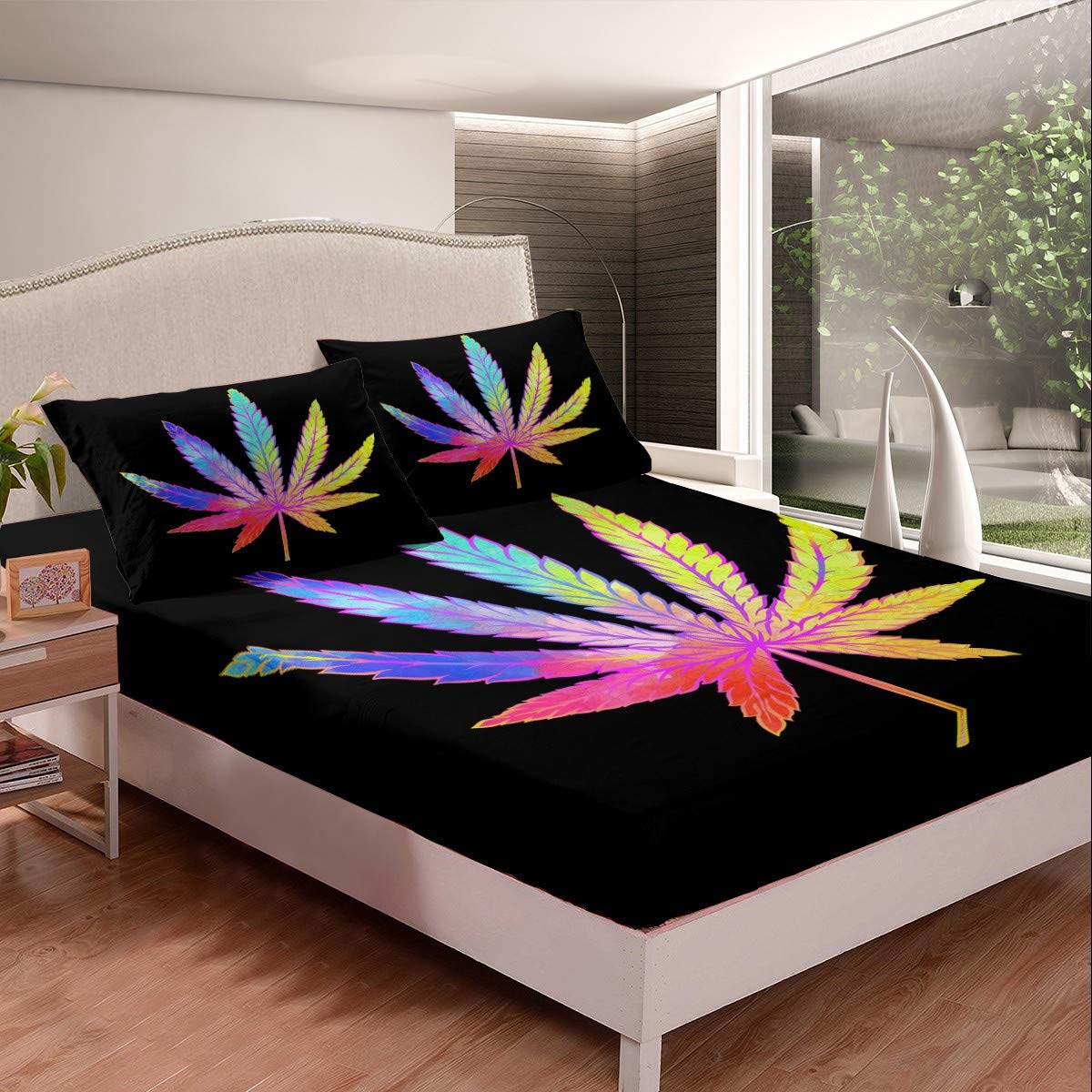 Marijuana Leaf Bed Sheets Colorful Cannabis Leaves Bed Sheet Set for Kids Boys Girls Adults Weed Hemp Bedding Set Psychedelic Plants Fitted Sheet Bedroom Collection 2Pcs Single Size โ image 1