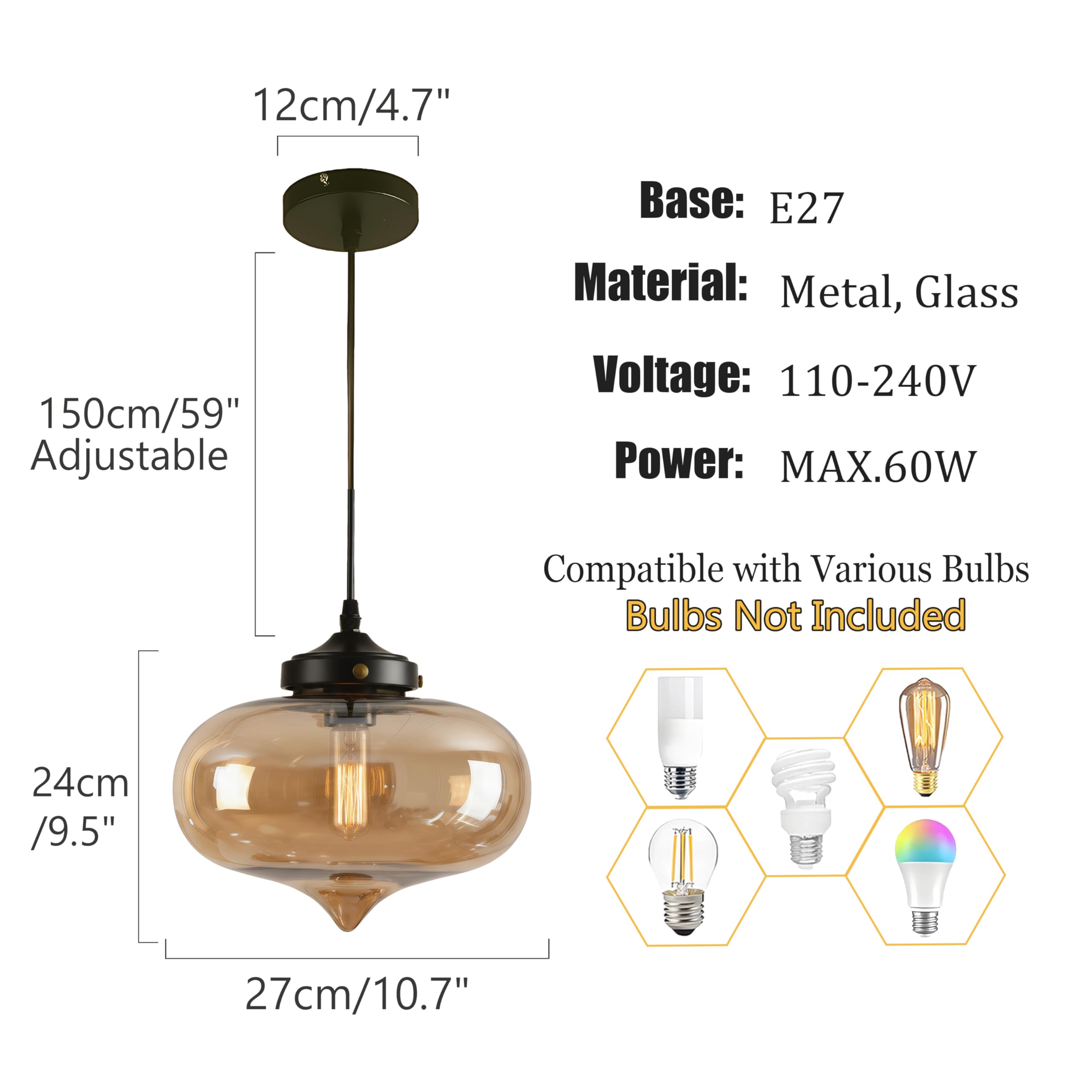 27cm Moderne Glas Pendelleuchte mit Schwarzer Metallfassung, Vintage Industrielle Hängelampe, E27 Deckenleuchte für Kücheninsel Esszimmer Schlafzimmer Bar (Bernsteingelb)