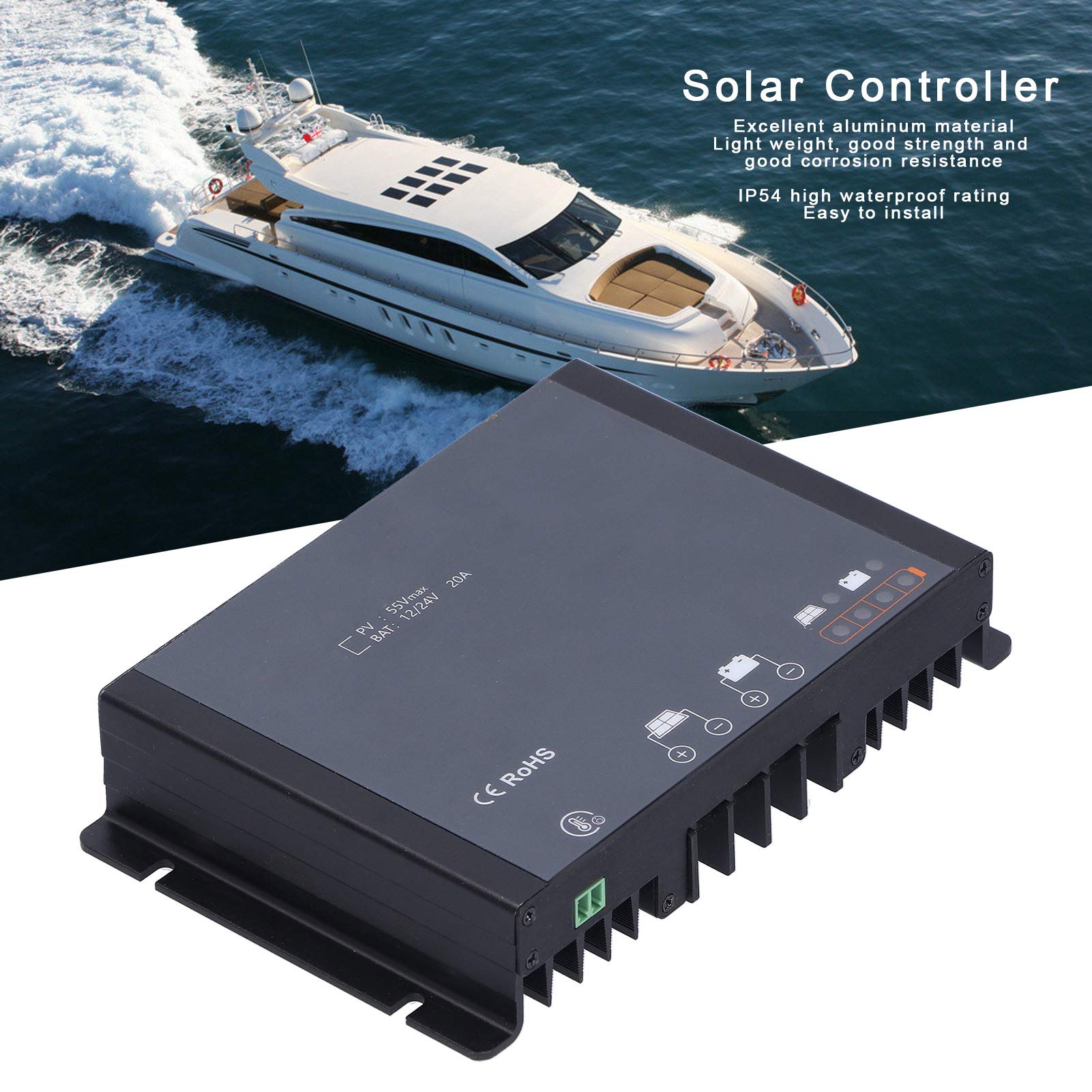 Controlador de Carga Solar MPPT Controlador Solar Regulador Enfoque de Seguimiento Automático Resistente al Agua con Bluetooth 20A DC 12/24V