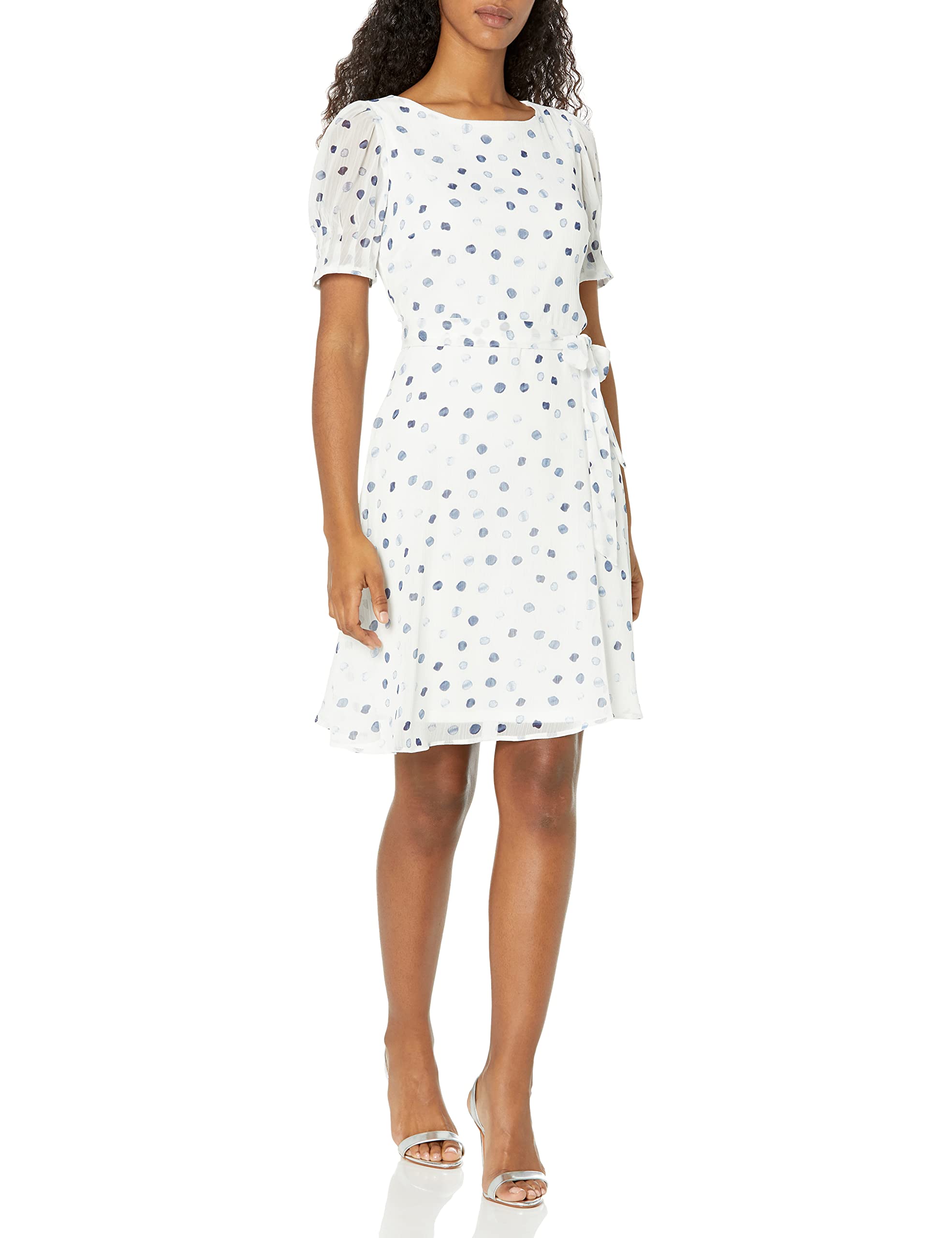DKNY Women's Short Sleeve Puff Sleeve Tie Waist Dress