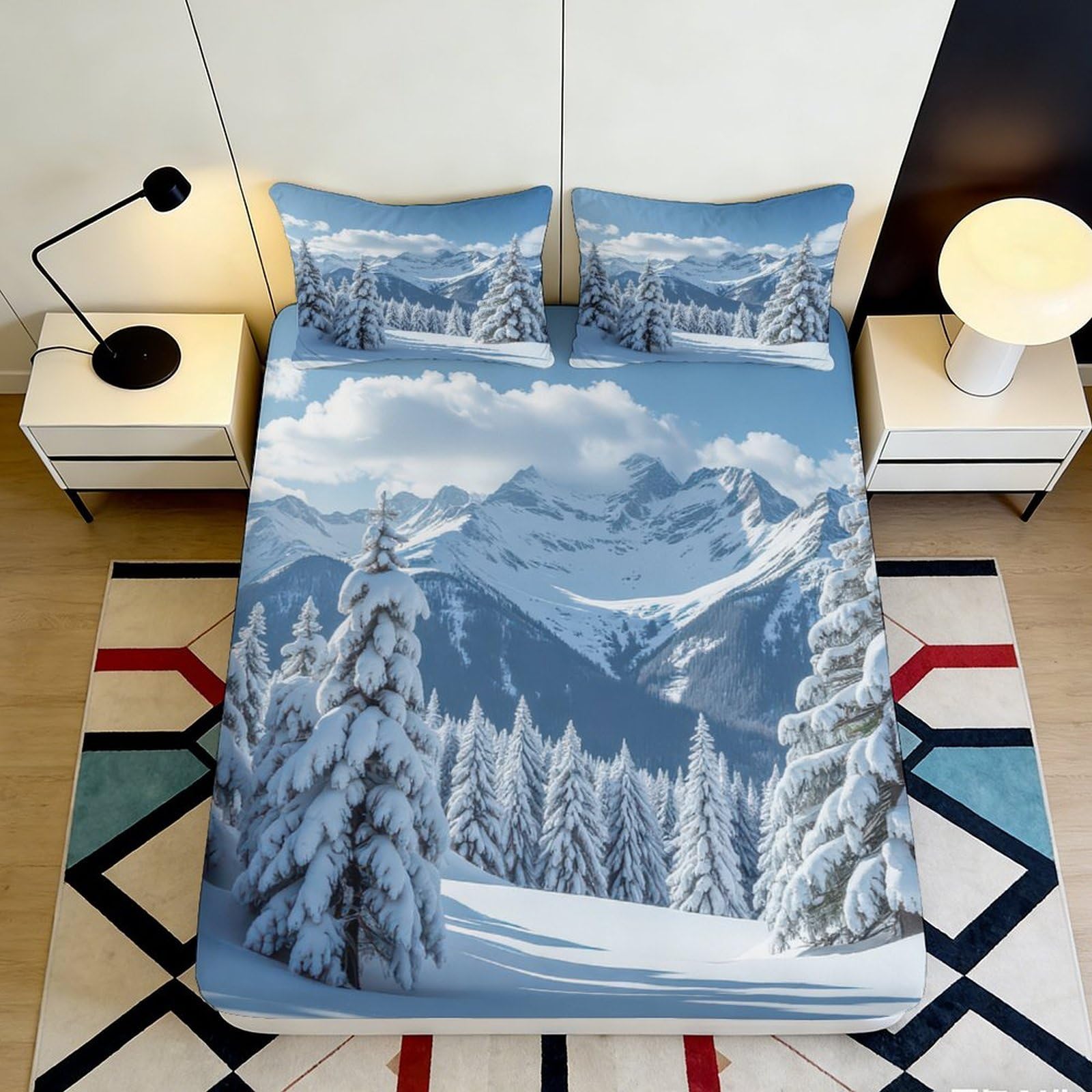 3D Printed Snow Mountain Fitted Sheet Microfiber Soft Breathable Winter Forest Mattress Cover Bedroom Home Decor 140x200x25cm