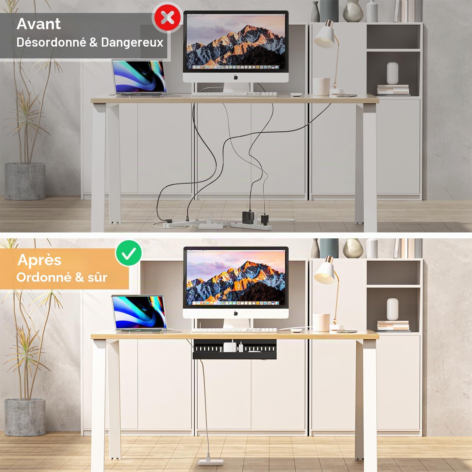 Plateau de Gestion de câbles sous la Table, Chemin de Cable Management Bureau, Rangement Cable Bureau, Support multiprise sous Bureau, Chemin de Cable Bureau, Noir