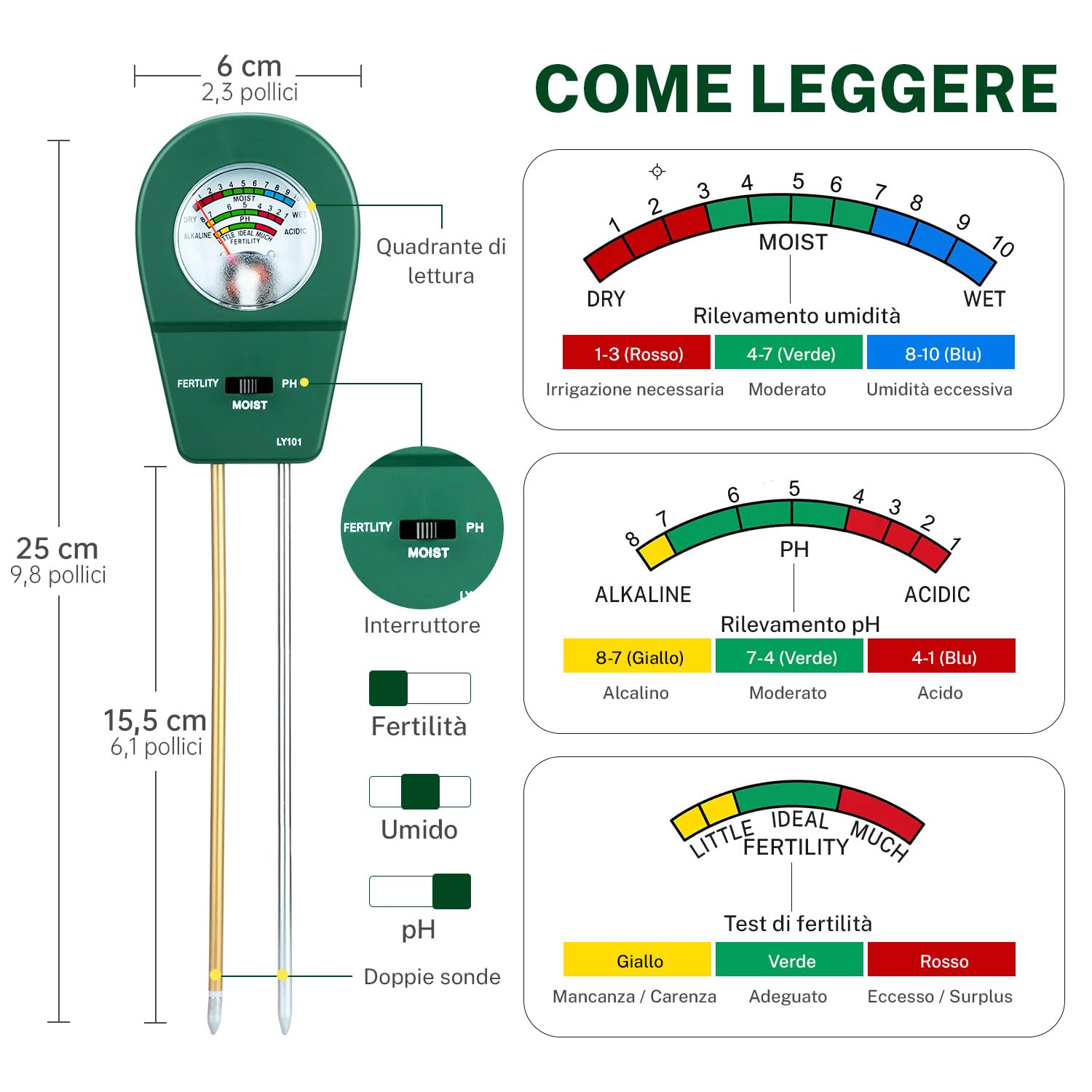Misuratore di Terreno 3 in 1 per Casa e Giardino: Tester Semplice per PH, umidità e Nutrimento - Sensore per Piante Senza Batterie - Pratico Aiuto per Fiori, Vasi e Orto Domestico