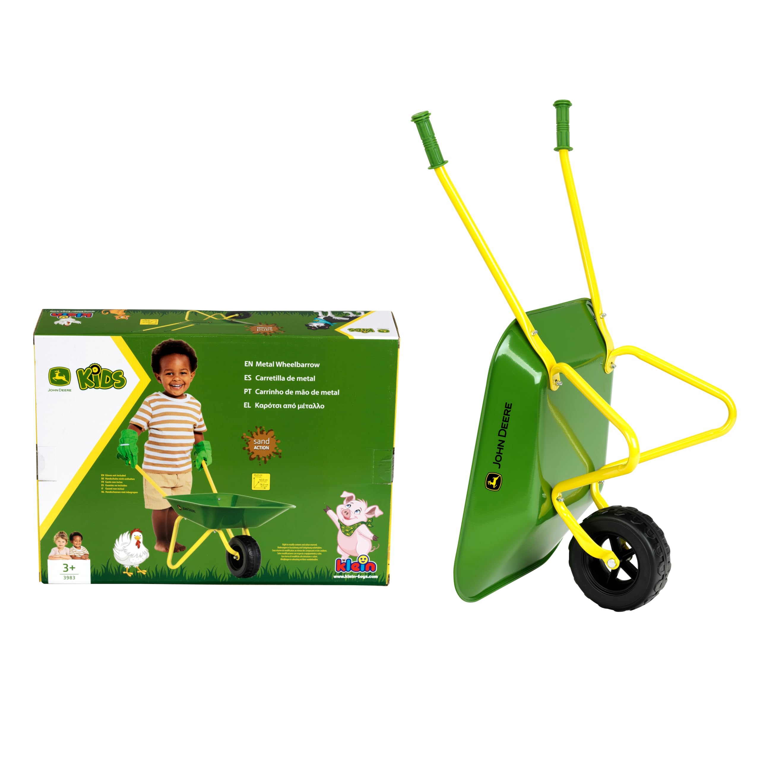 Theo Klein 3983 Carretilla John Deere de Metal, Carretilla Robusta con Ruedas estables, Capacidad de Carga hasta 10 kg, Juguete para niños a Partir de 3 años