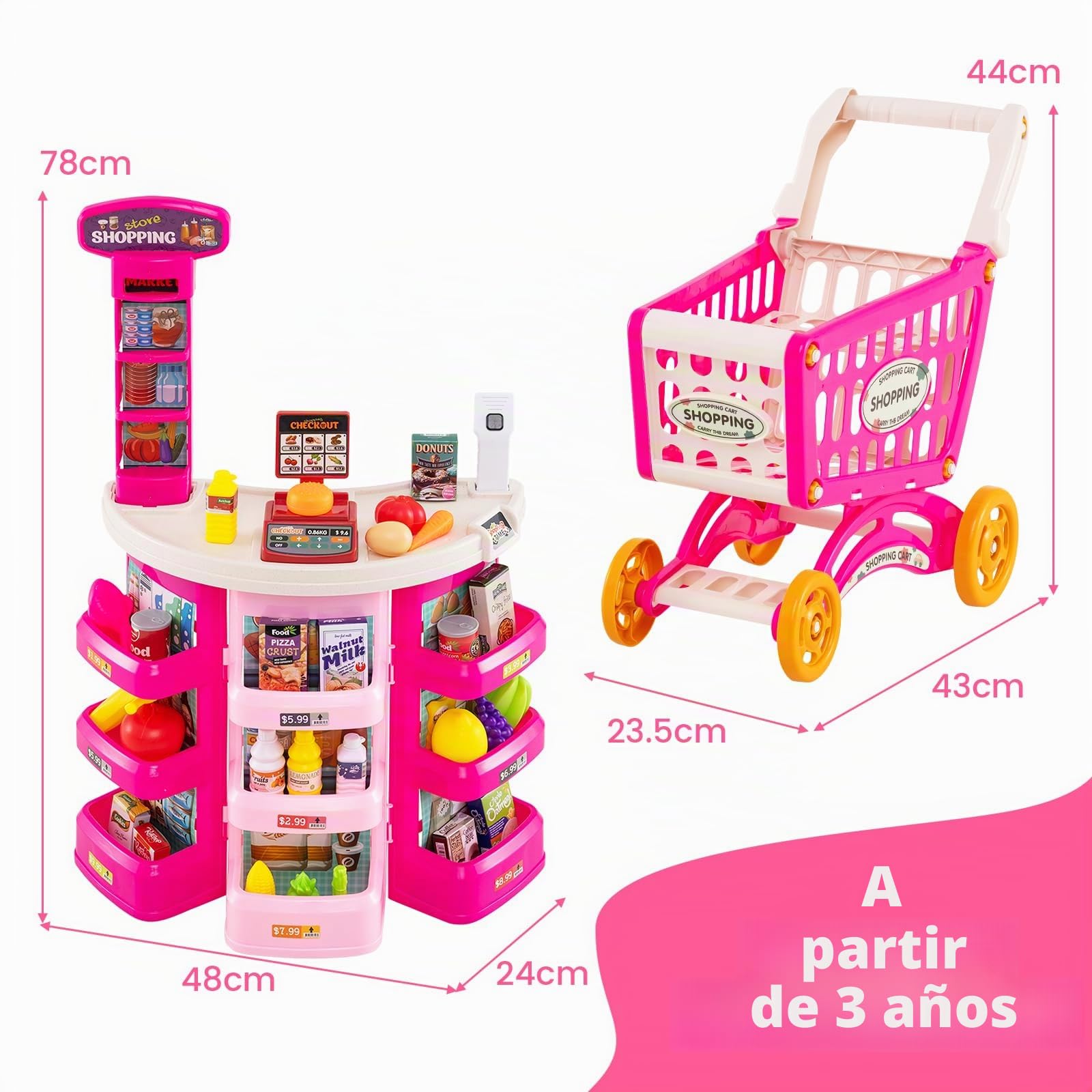 HOMASIS Juego de Supermercado con Luz, Sonido y 29 Accesorios, Tienda de Comerciantes con Caja Registradora, Carrito de Compras, Báscula y Escáner, para Niños de 3+ Años (Rosa)