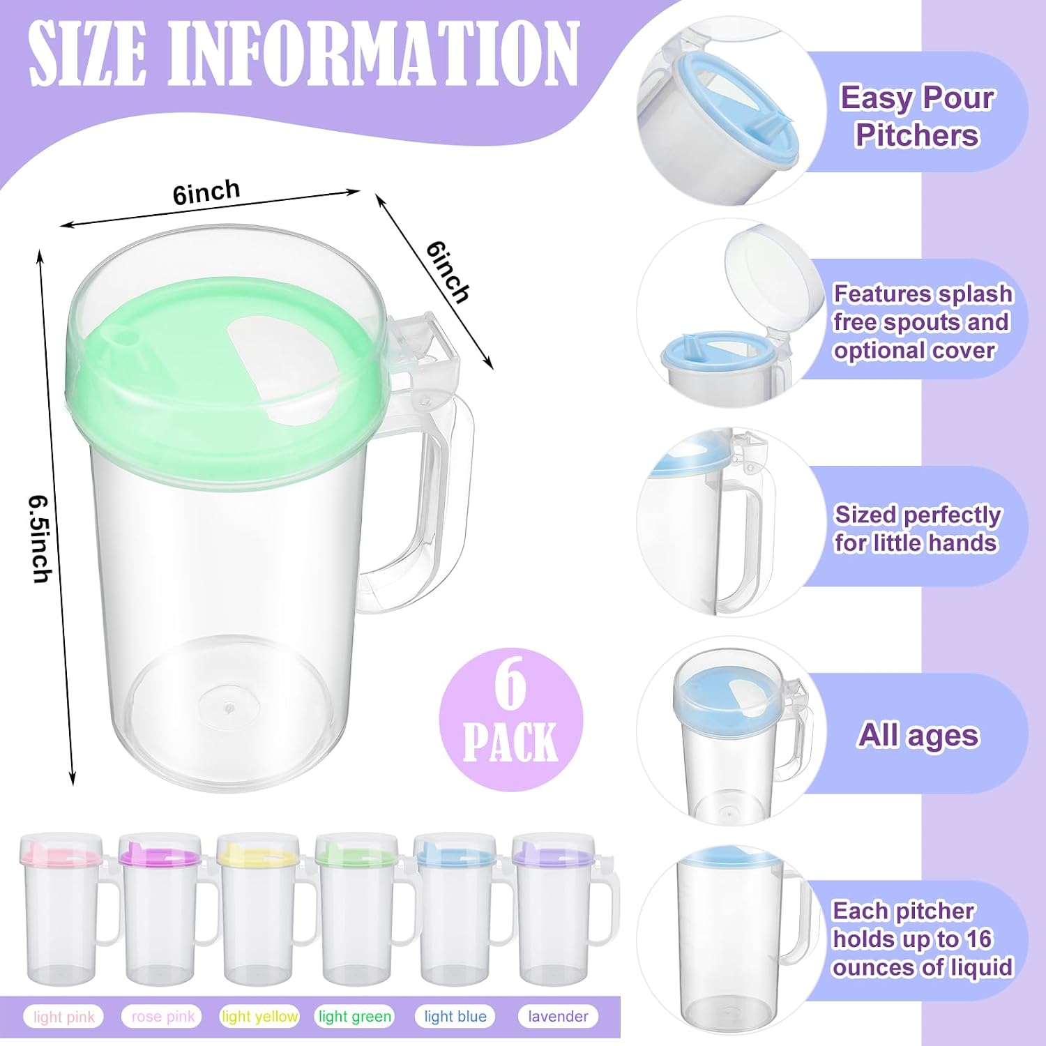 Newtay 6 Pack Early Learning Kids Easy Pouring Mini Pitchers Clear Plastic Pitcher with Lid and Handle Easy Pour Bottles 16 Oz. Jugs with Lids for Classroom Nursery Home (Pastel)