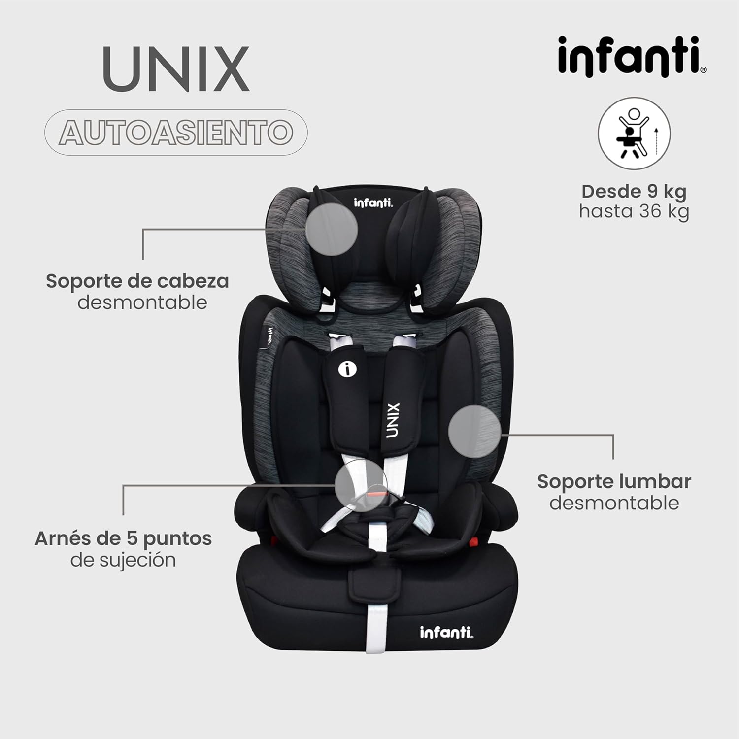 Infanti Unix Car Seat showing detachable head and lumbar support