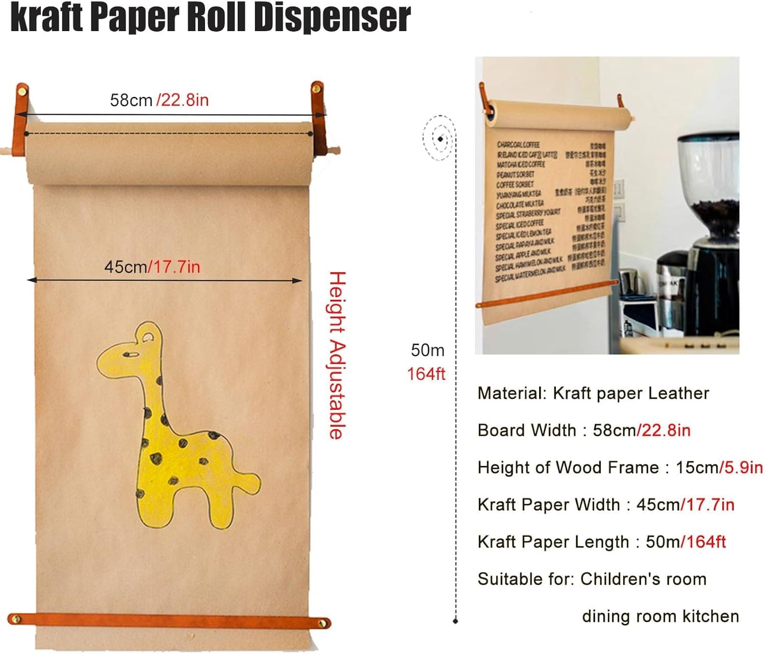 Dozownik papieru rzeźnickiego montowany na ścianie Drewniany dozownik papieru pakowego do montażu na ścianie z listwą tnącą 22,8-30,3 cala(Wide 22.8inch/58cm)