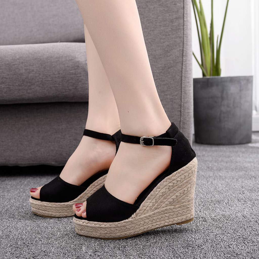 2019 Verano Sandalias Romanas Mujer, Zapato Peep-Toe Con Plataforma Cuña Alpargatas Zapatillas De Boda Fiesta Sandalias De Vestir De Talla Grande 33-44 EU(Negro