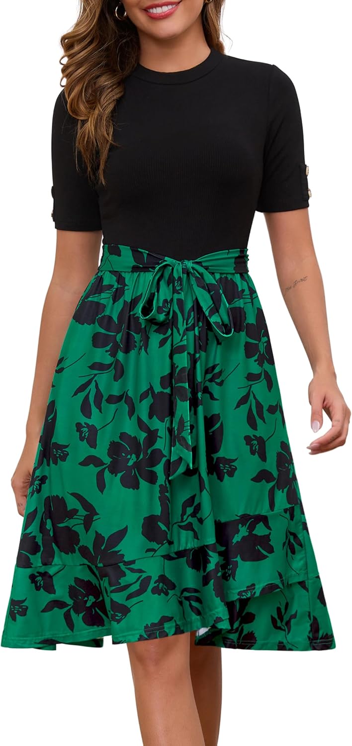 Annebouti Womens 2026 Short Sleeve Summer Spring Ribbed Modest Semi-Formal Teacher Casual Work Midi Dress with Pockets