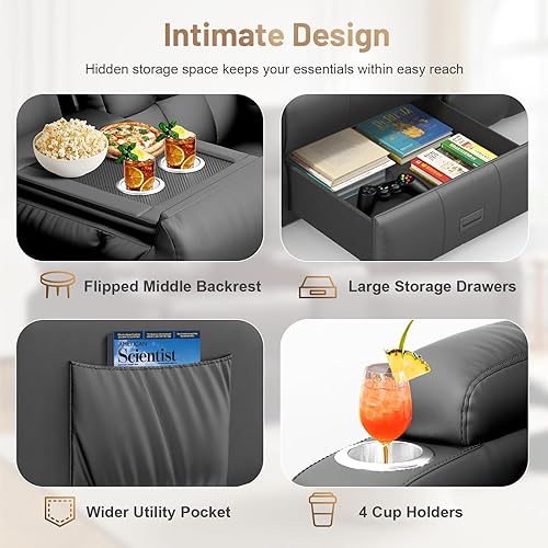 Miniatura 7 de Sofá reclinable de 3 plazas, asiento de cine en casa con respaldo central abatible, sofá cama de pared RV con masaje, amanera y portavasos,