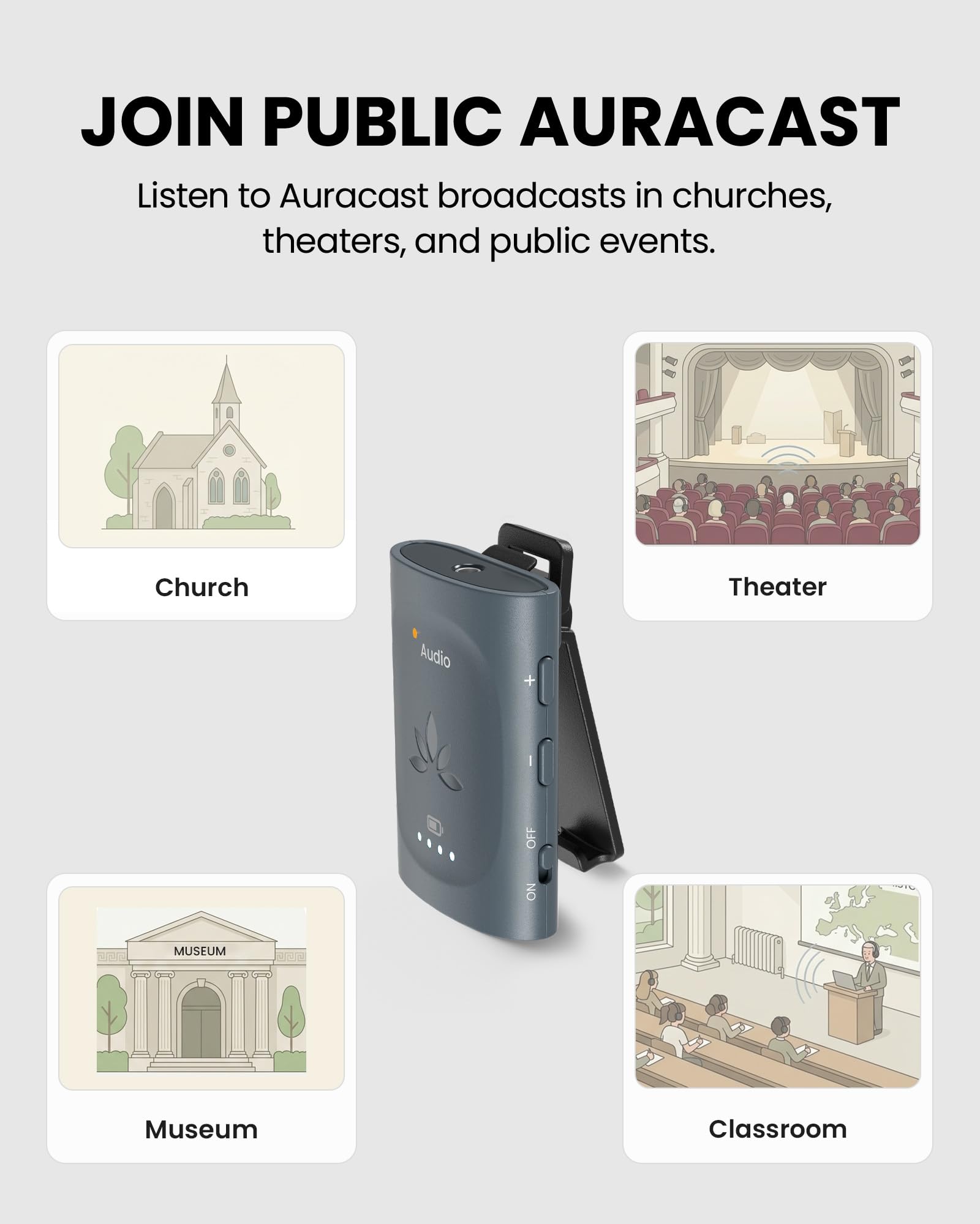 Avantree AuraClip – Auracast Empfänger für Kirchen, Theater & öffentliche Bereiche, ermöglicht Nutzung von 3,5mm Kopfhörern mit Auracast Broadcast-Audio, Clip-on Design, 16 Std. Akku, 100 m Reichweite