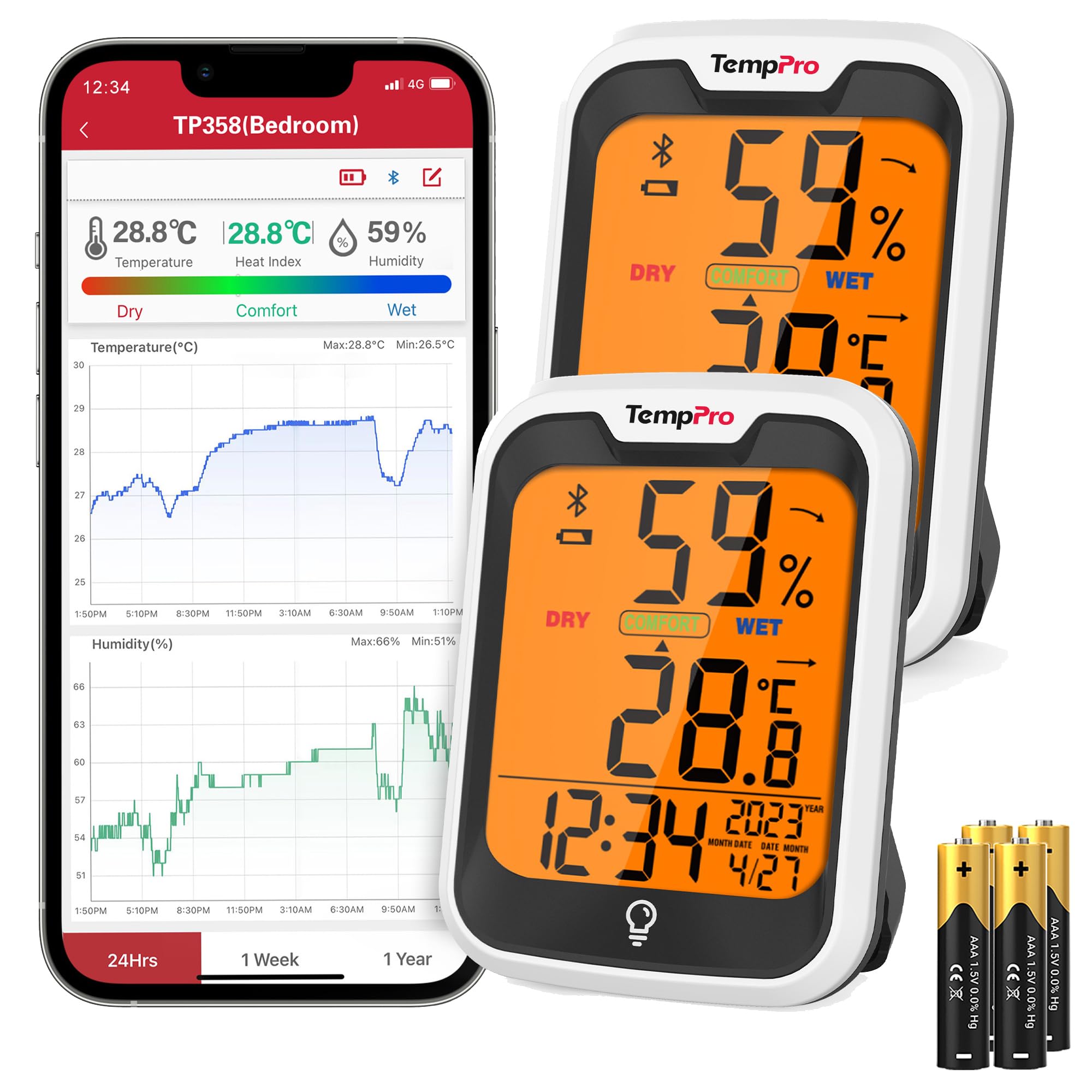 ThermoPro TempPro Termometr pokojowy z higrometrem i zegarem, pomiar temperatury wewnątrz, Bluetooth, dokładność do 0,2℃, lampka nocna, zapis pomiarów wilgotności, do sypialni, biura, szklarni