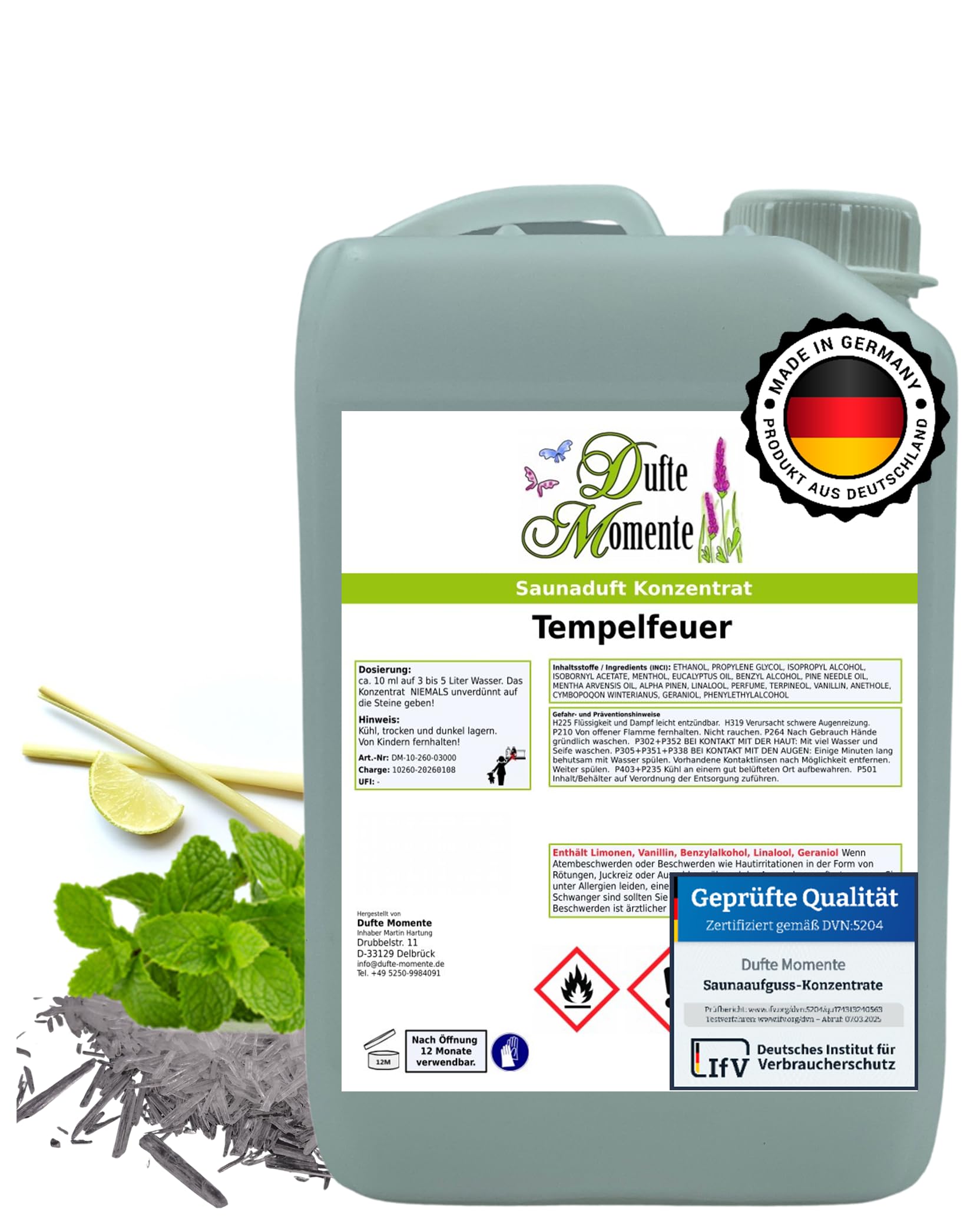 Dufte Momente Saunaaufguss-Konzentrat Tempelfeuer – 3 L – exotisch & frisch – konzentriert & ergiebig – Profi-Qualität gemäß DVN:5204 getestet – vegan & Made in Germany