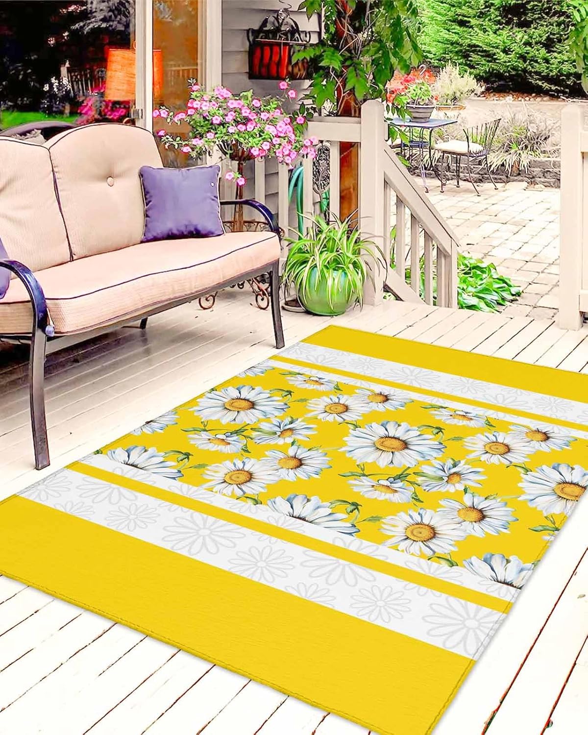 Outdoor Rug 4x6 ft Yellow Daisy Outdoor Large Area Rug Non Slip Rubber Watercolor Flowers Front Door Mat RV Rug Camping Carpet Patio Outdoor Rugs for Backyard Balcony Deck Porch Indoor Outside