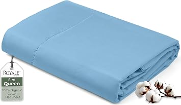 Royale Linens 100% Organic Cotton Queen Flat Sheet Only - Super Soft - Percale Top Sheets - Queen Flat Sheet Sold Separately - Breathable, Cool & Crisp Lake Blue Sheets Only 90" x 102", Lake Blue