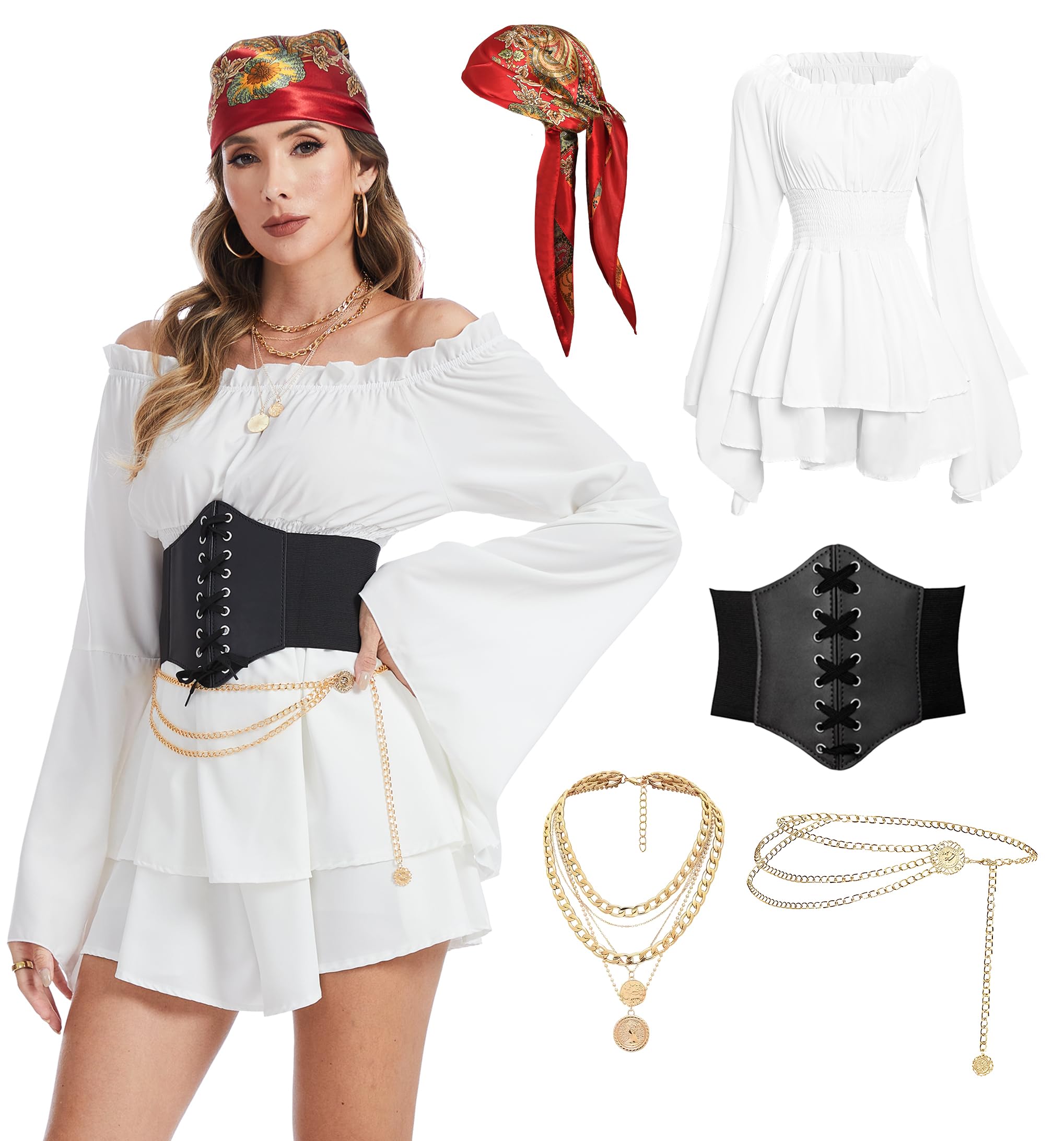 Photo 1 of DARFULA Women's Pirate Costume - White Dress, Corset Belt, Bandana (Large)