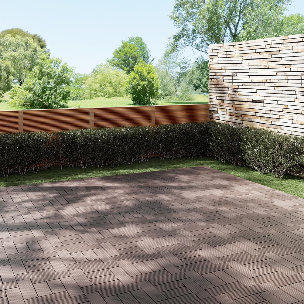 BAKAJI Juego de 11 piezas de azulejos WPC para jardín exterior, patio, balcón, suelo con drenaje de agua, azulejos de montaje empotrado, resistente a los agentes atmosféricos, diseño incrustado