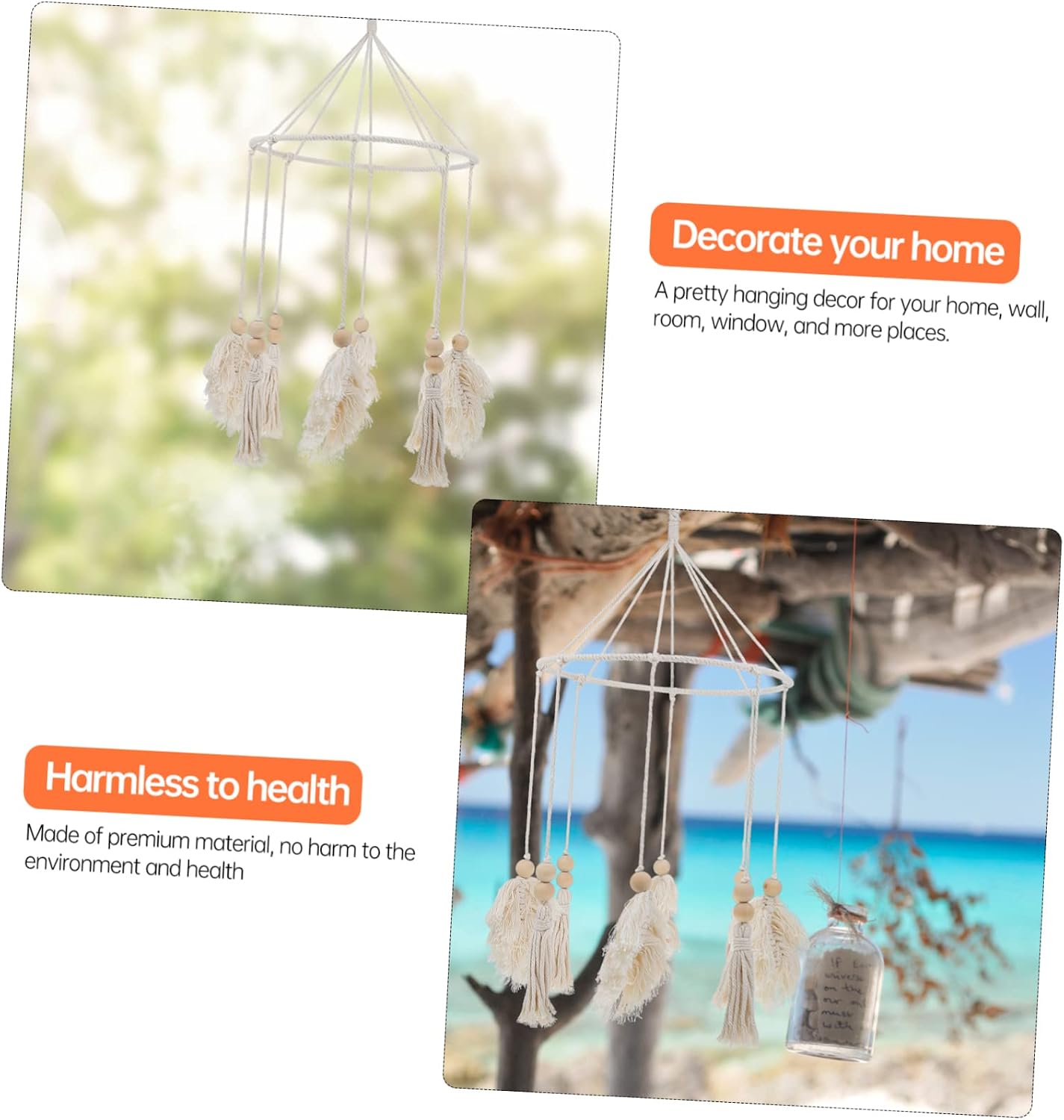 DOITOOL 1pc Bohemian Leaf Wall Pendant Tassels Creative Bedroom Decor for Home Party and Meeting Room Elegant Iron Design Beige Unique Indoor Decoration for Fresh Atmosphere