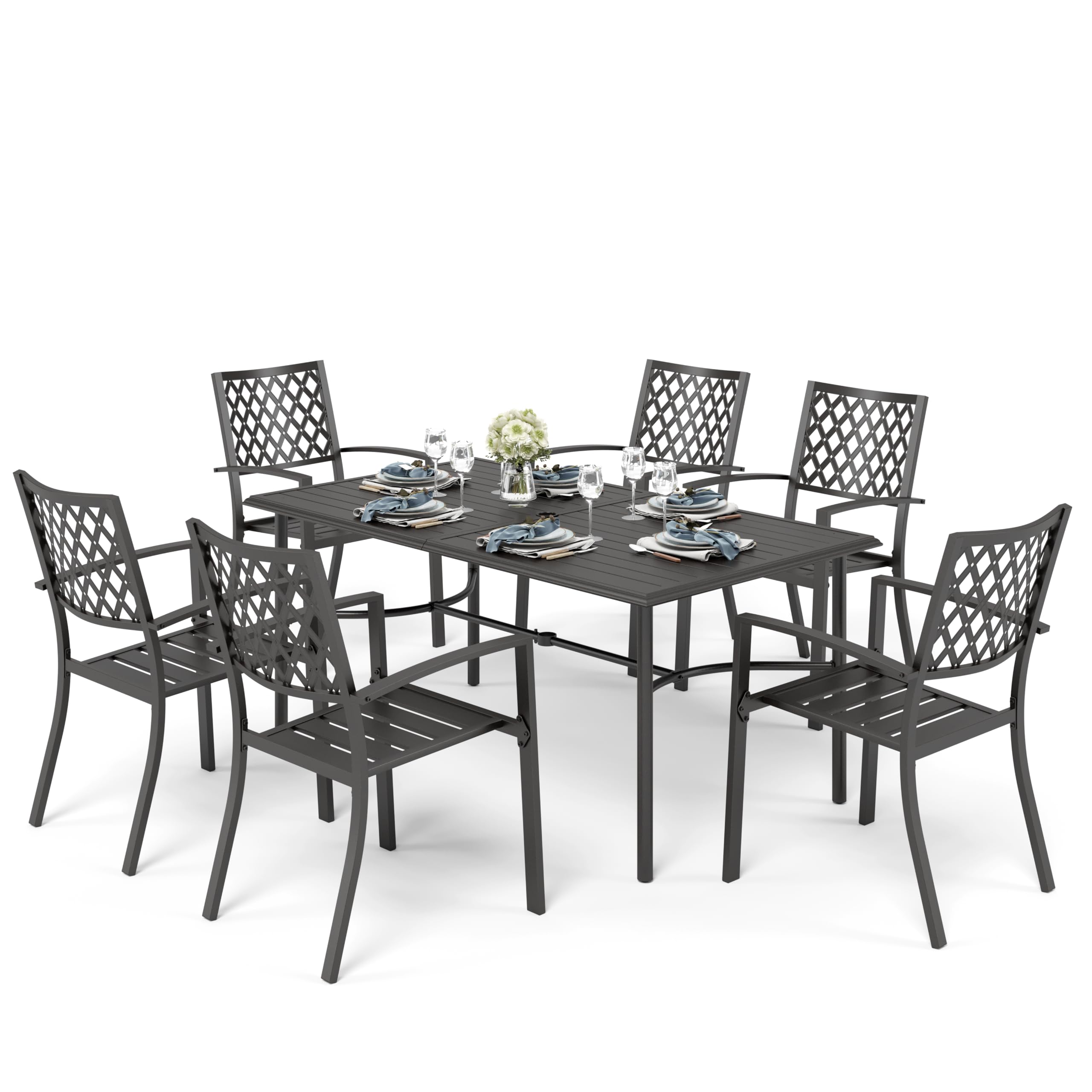 PHI VILLA Metall Gartenmöbel Set 6 stühle mit Tisch Wetterfest Schwarz | E-Beschichtung Rostfest Metall Sitzgruppe Outdoor, Stapelbare Stühle für Platz Sparen, 6 Personen, Terrasse, Veranda, Deck