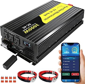 3000W Pure Sine Wave Inverter 12V DC to 120V AC,for Solar,for RV, Truck, Home, Camping,Power Inverter with Bluetooth APP Remote Control,LCD Display, 3 AC Outlets,USB Ports, Surge Power 6000W