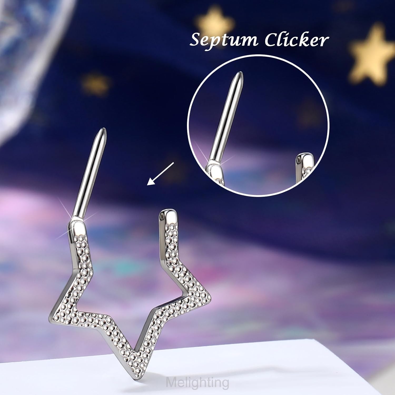 Melighting Star Septum Ring 16G 8mm Clicker with Hammered Five-Point Star Design, Surgical 316L Stainless Steel Nose and Daith Piercing Jewelry for Women and Men - Image 4