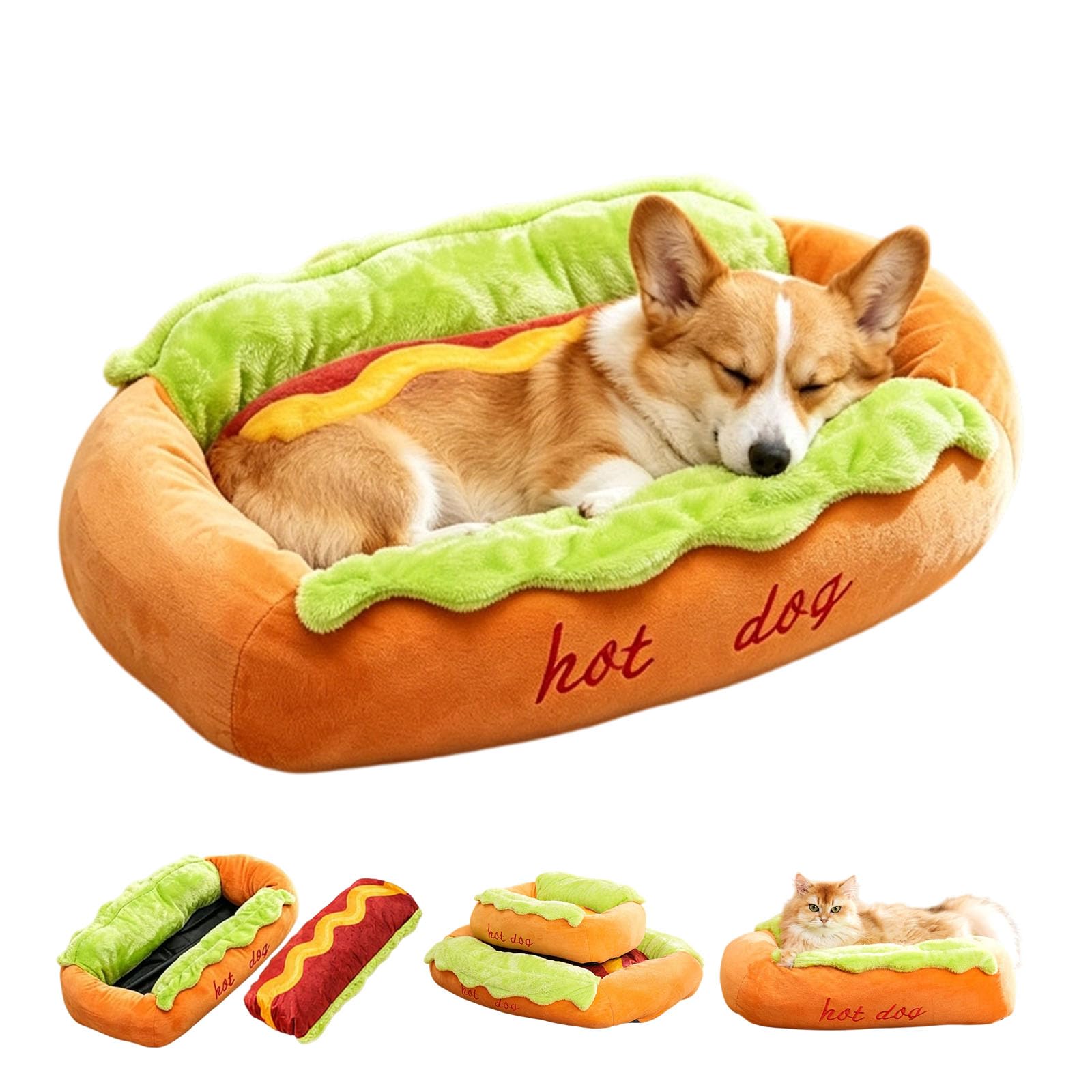 Hot Dog Haustierbett für kleine Hunde, Neuheit Plüsch weiche Matte mit rutschfester Unterseite, abnehmbar & waschbar, ideal für Dackel und andere kleine Haustiere