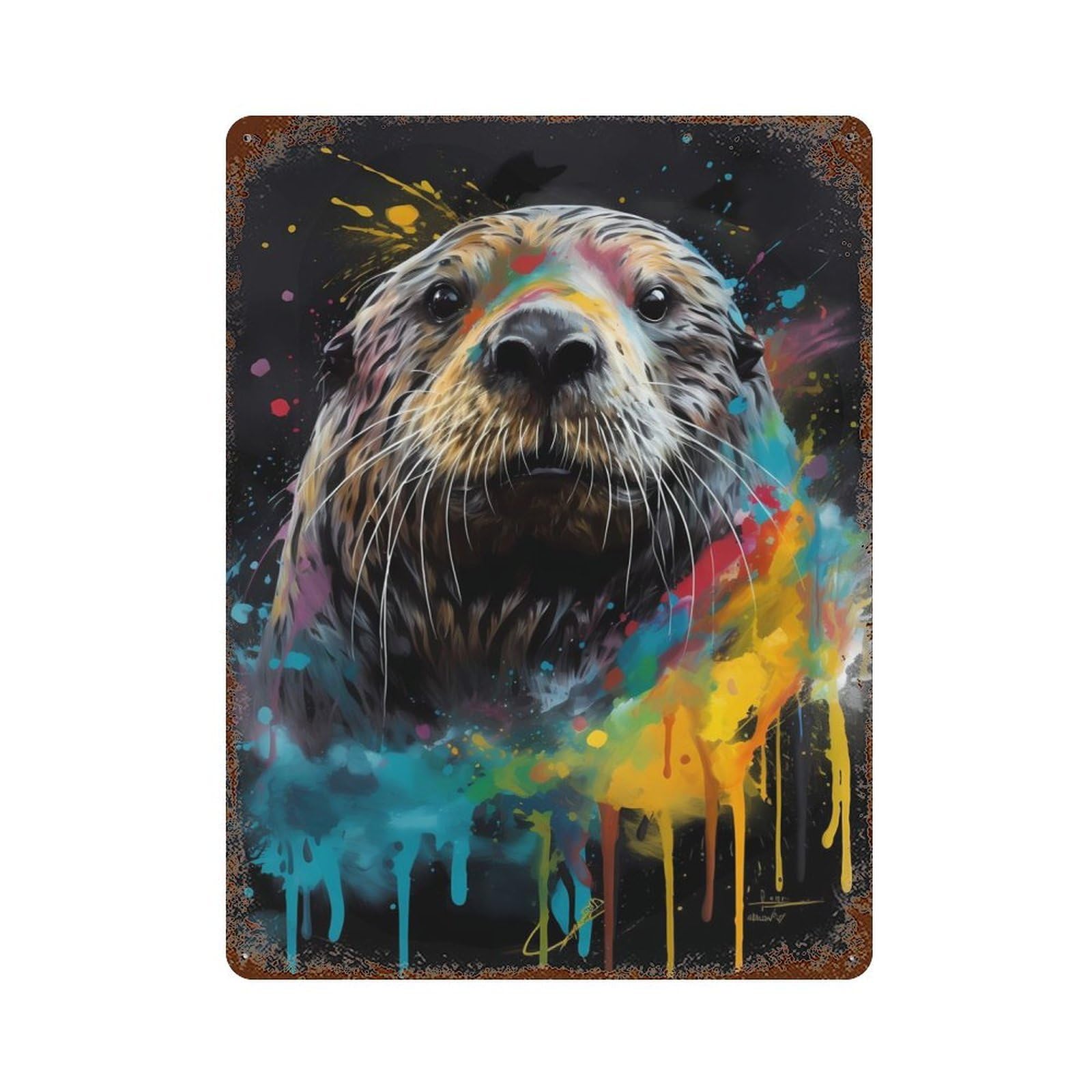 Colorful Sea Otter Aged Metal Wall Plaque 15.7"x11.8", Ideal for Garage, Bar And Workshop Decor