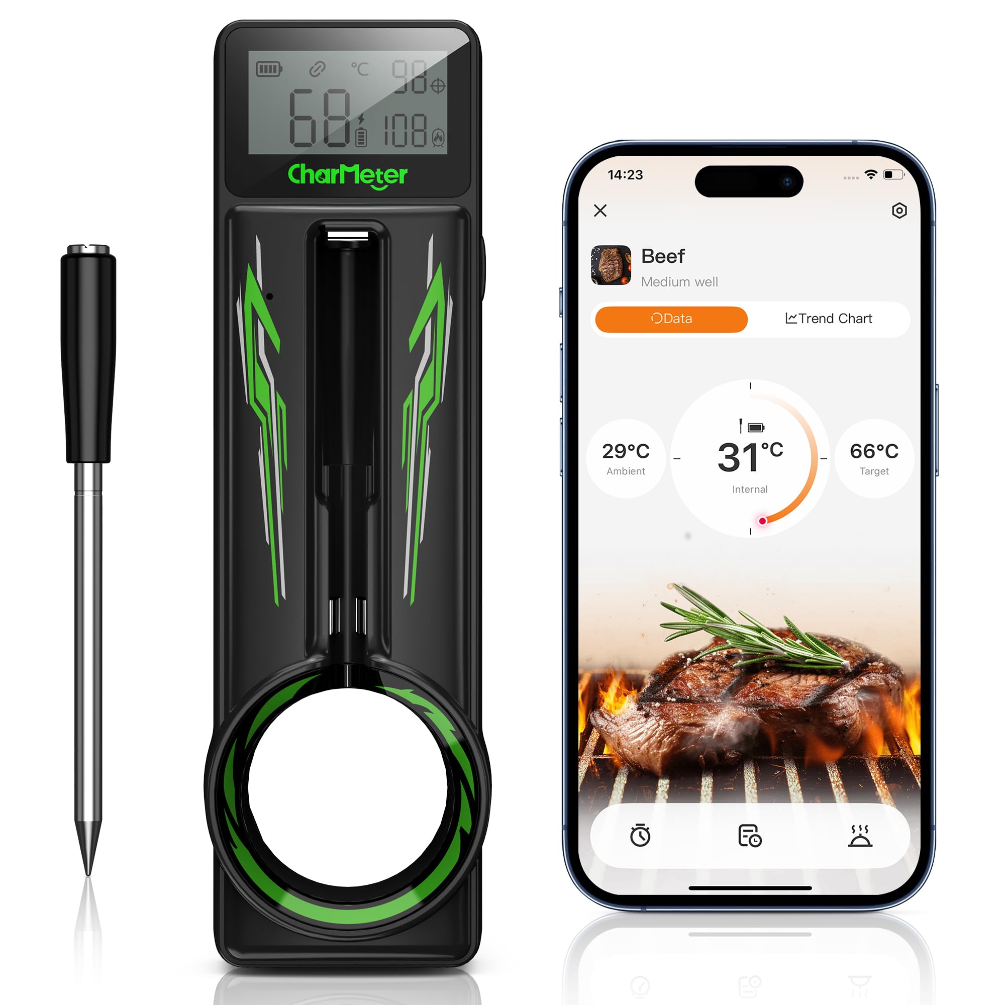 Termometro per carne senza fili con Bluetooth e ricette app (lingua italiana non garantita) | Portata di 150 m, termometro per barbecue con grado di impermeabilità IP67, per cucinare, forno, cucina, barbecue, barbecue