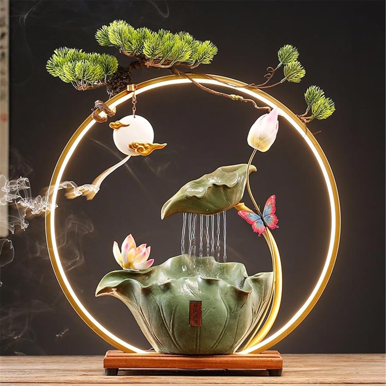 Fuente de Mesa Decorativa para Interior, Fuente de Agua con Cascada, de cerámica, diseño de Loto, con iluminación LED, alimentación USB, Zen, decoración para Oficina, Escritorio