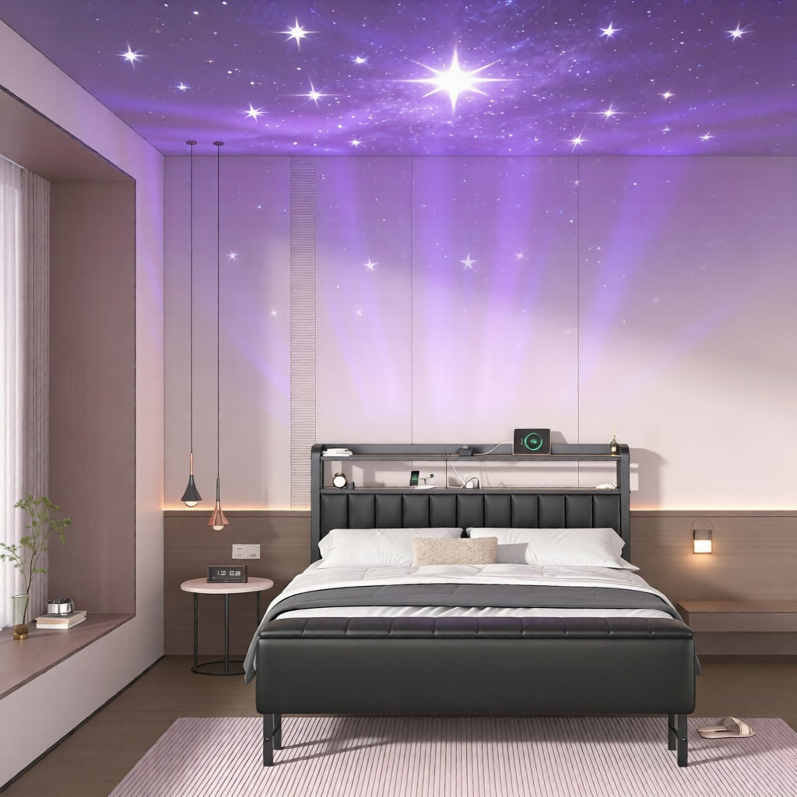 Full Size Bed Frame with Headboard Star Projector Metal Upholstered Bed Frame with Charging Station Heavy Duty Bedframe