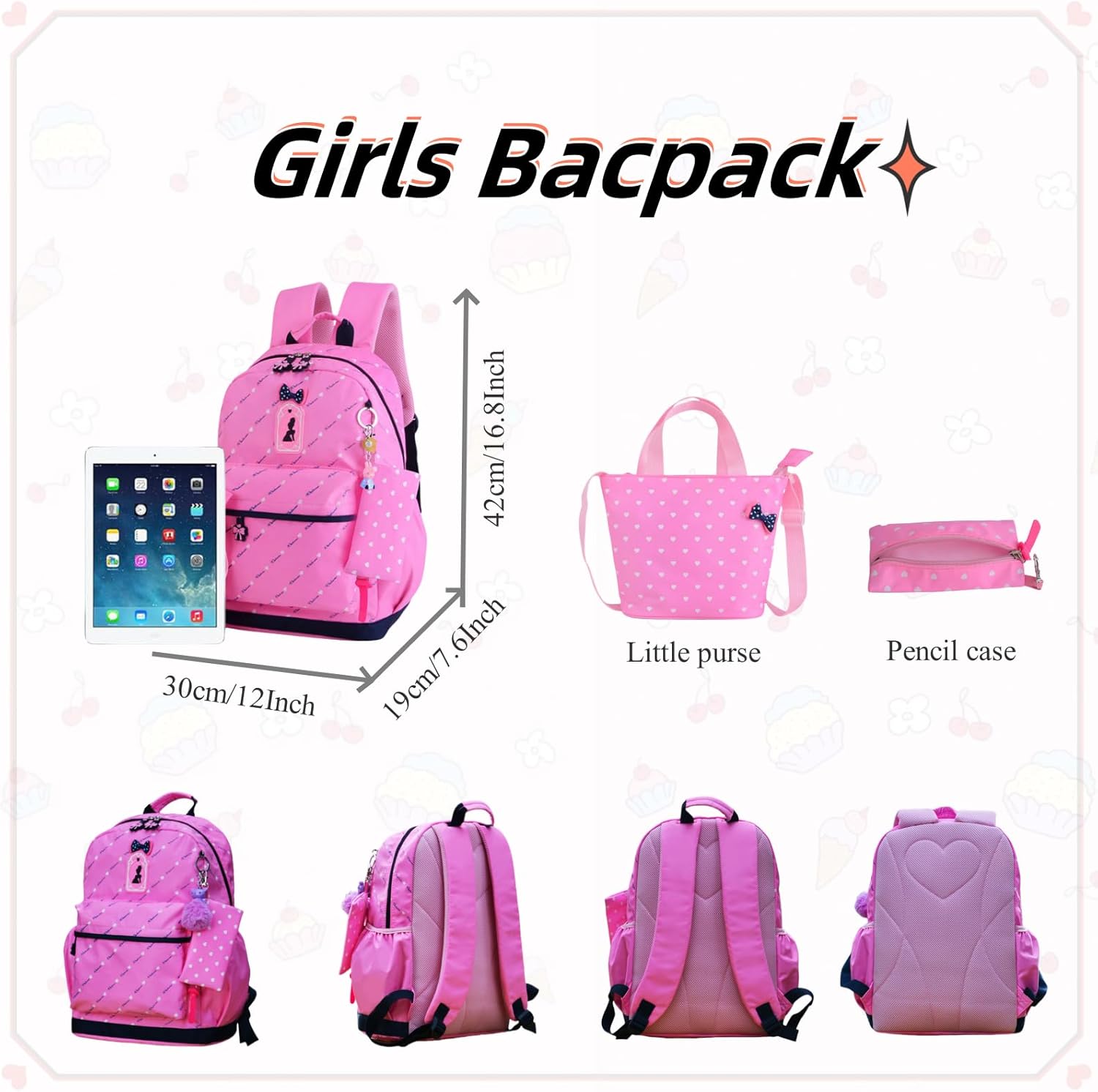 VIDOSCLA 3Pcs Heart Printing Backpack Sets Bowknot Primary Schoolbag Travel Daypack Shoulder Bag Girls Rucksack knapsack - Image 2