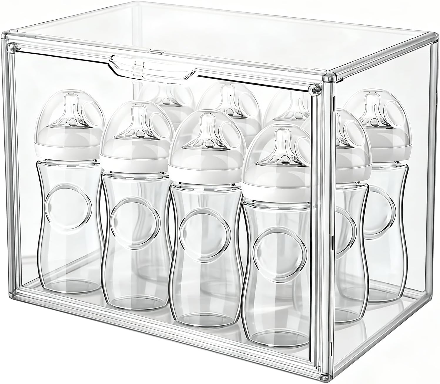 Baby Bottle Organizer with Magnetic Door for Cabinet – Stackable Clear Organizer Nursery Storage Bin for Baby Bottles, Pacifiers, Pump Parts