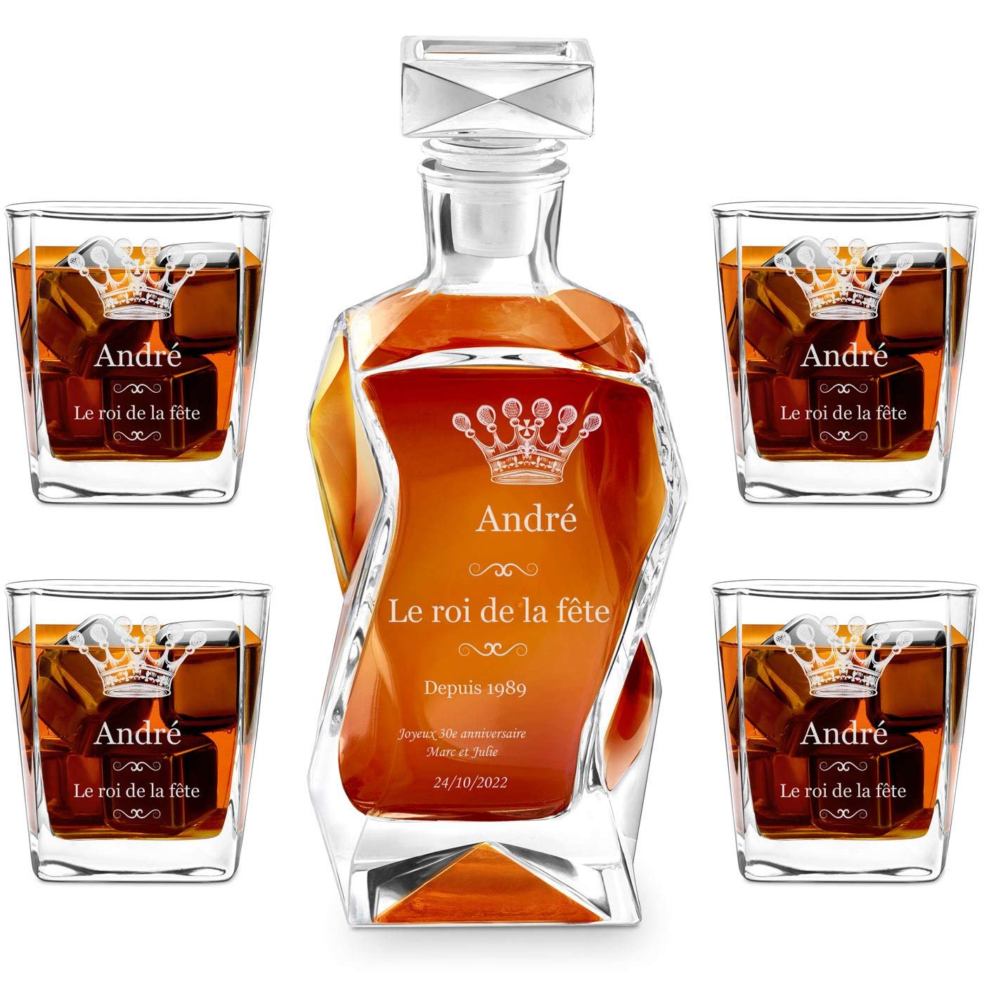 Maverton Décanteur gravé avec 2/4 / 6 verres à Whisky, Ensemble de Carafe avec verres, Whiskey Decanter, Cadeau pour chaque homme - avec personnalisation - Roi