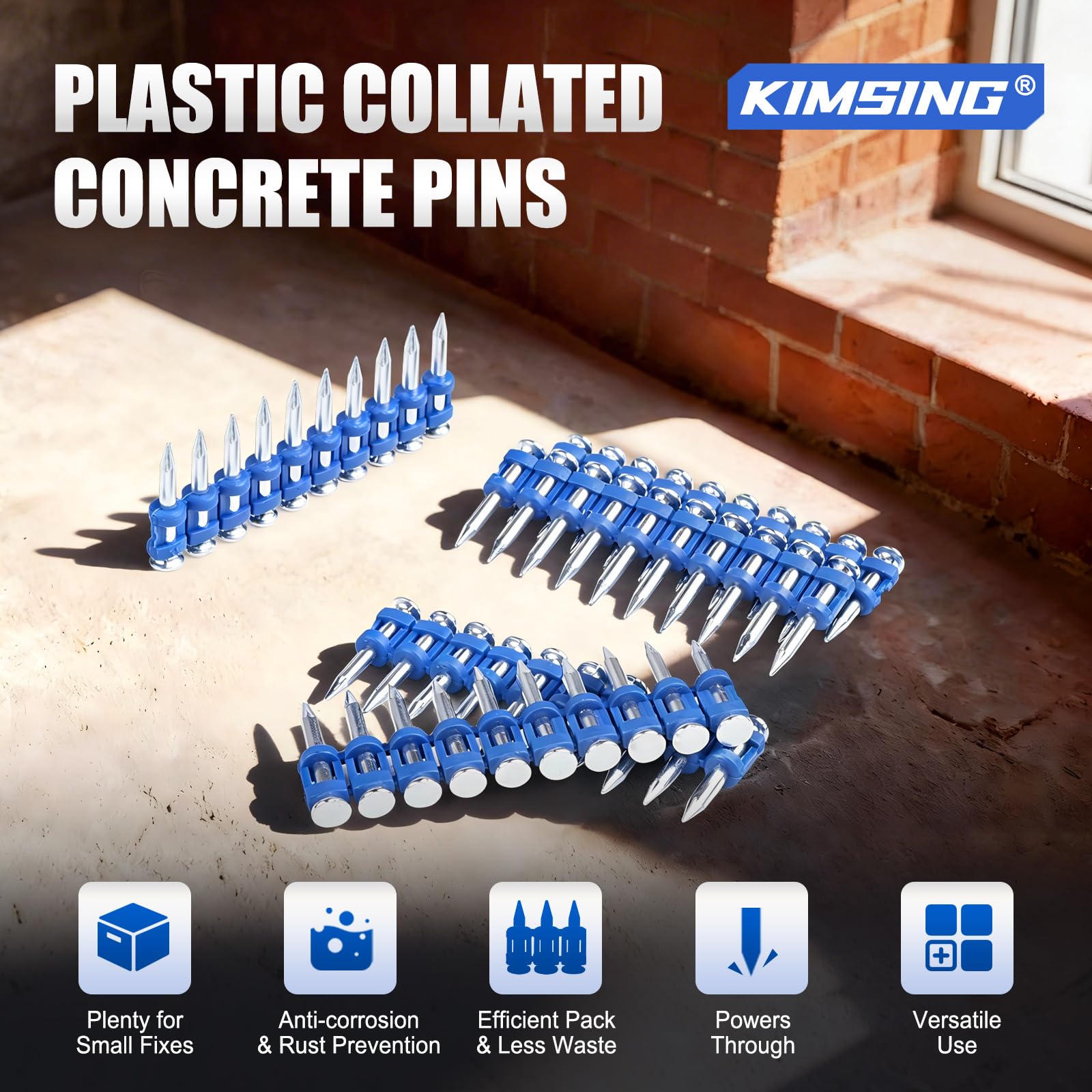 KIMSING MTSD-25 12GA clavos para hormigón 25mm 1000 pzas para puertas | Galvanisation épaisse anticorrosion, bande plastique pour chargement facile, 25mm, pour portes, fenêtres et plafonds