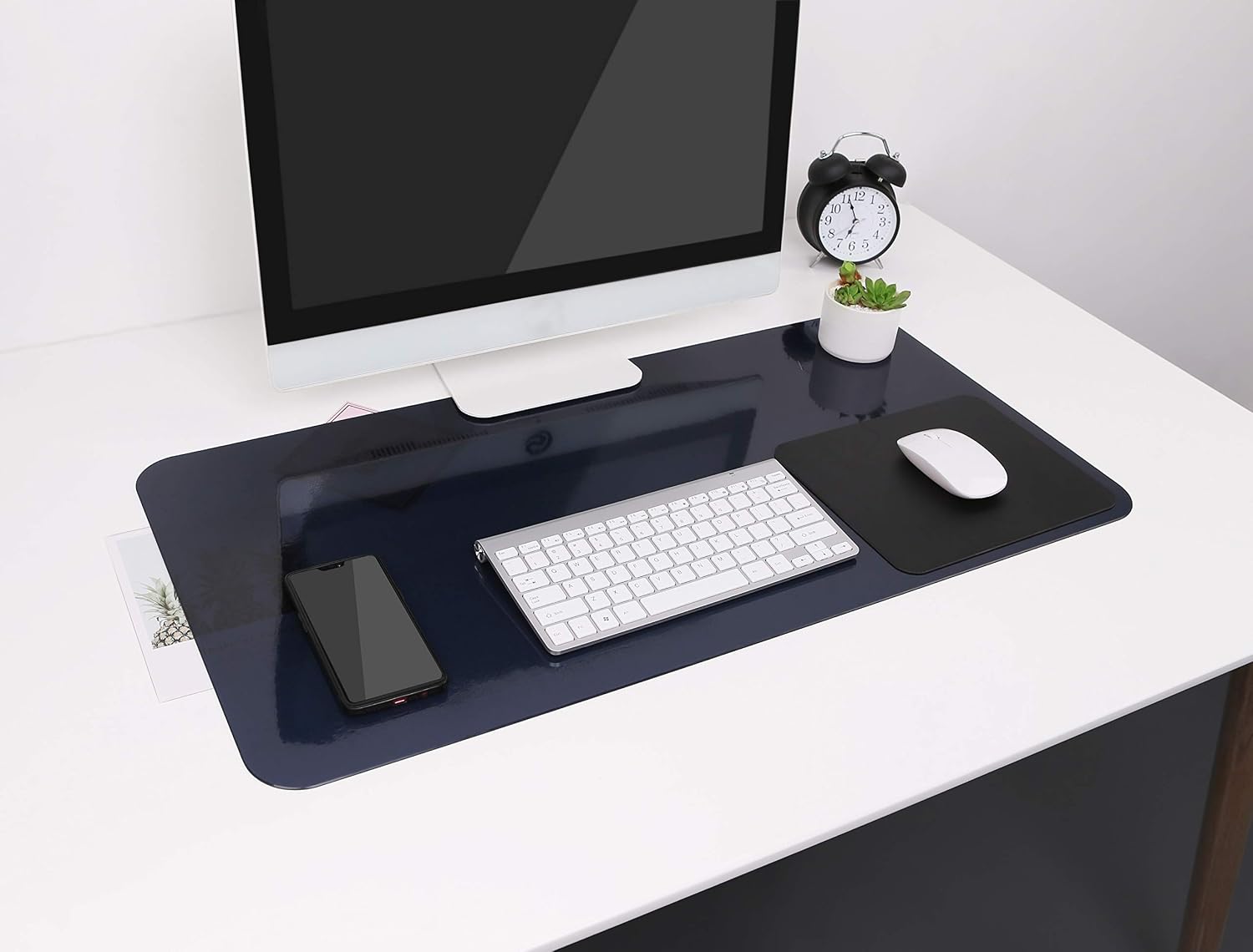 YSAGi Bright Black Office Desk Mat, Round Edge Non Slip Writing Mat, 31.5”x15.7” Waterproof PVC Black Desk Table Mat with 7.9”x9.8” PU Leather Mouse Pad for Office/Home (Black)