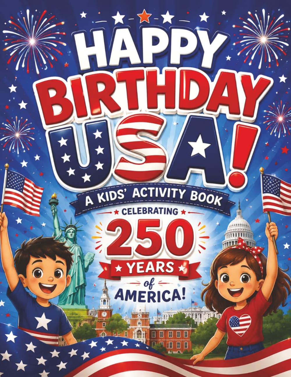 Happy Birthday USA!: A Kids’ Activity Book Celebrating the 4th of July and 250 Years of America with Patriotic Coloring Pages, Word Searches, Mazes, Trivia, and Puzzles for Ages 6–10
