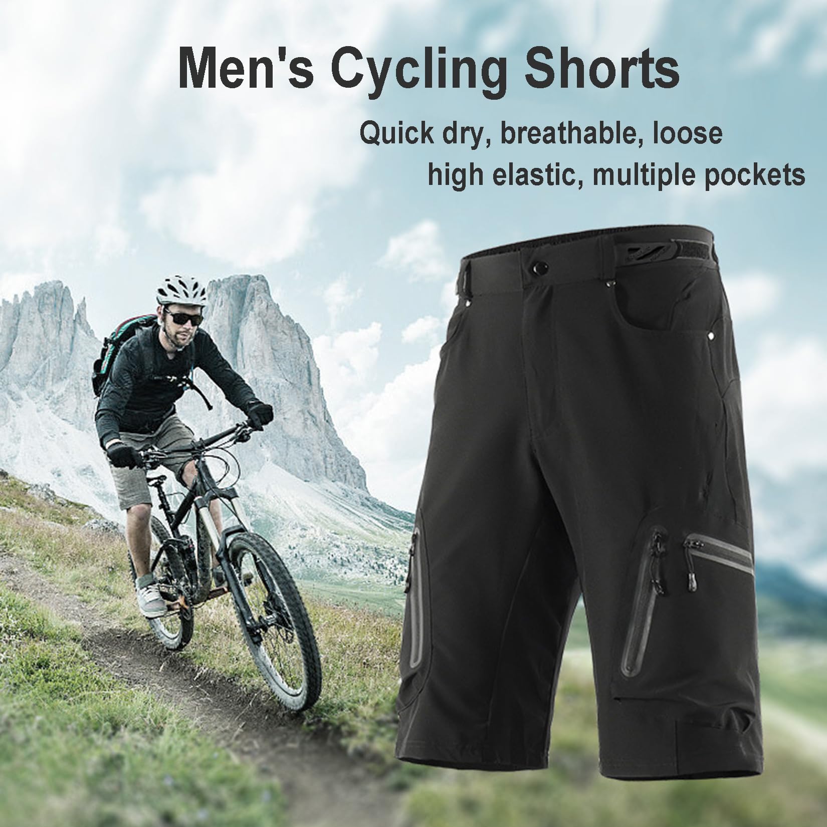 Pantaloncini da Bici da Uomo MTB Larghi Pantaloncini da Ciclismo da Strada per Bici da Strada Pantaloncini Leggeri da Mountain Bike con Tasche con Cerniera,Black-M
