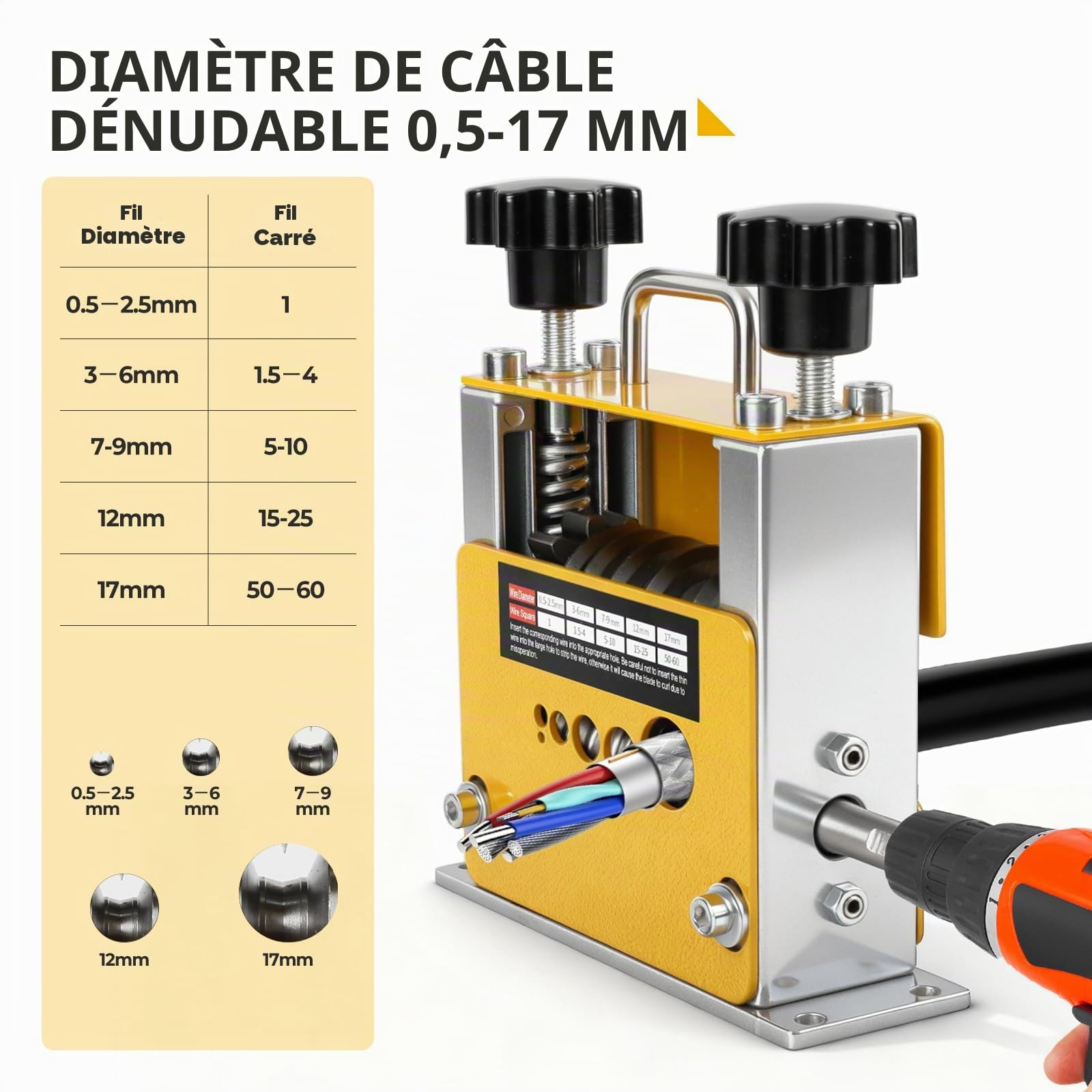 Dénudor de câbles 2 en 1 Machine manuelle avec perceuse électrique Dénudeur de câbles avec 2 lames pour câbles de 1-17 mm, outil électrique de dénudage de câbles en cuivre pour recyclage de câbles