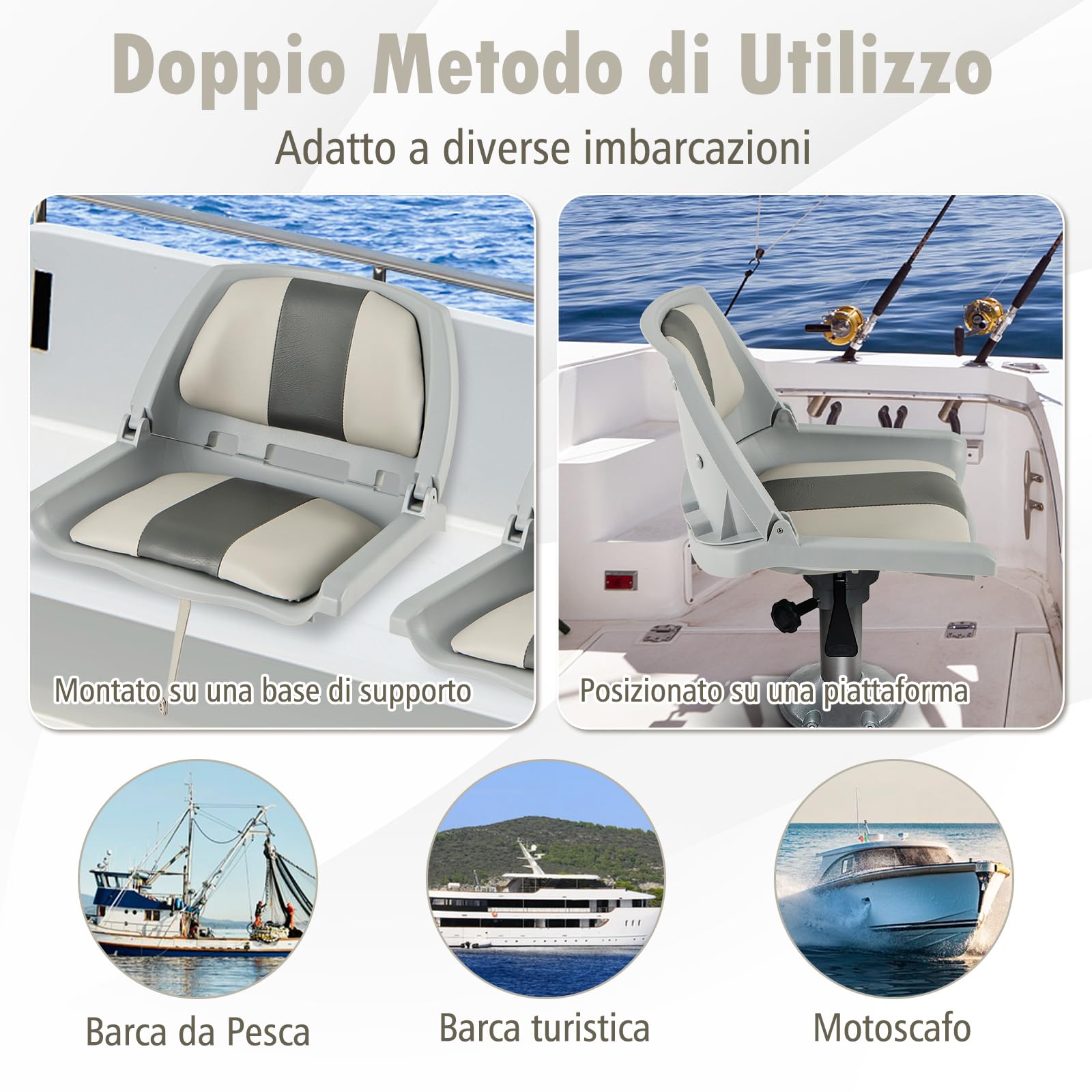 COSTWAY Sedia da Barca Pieghevole, Sedia con Schienale Basso con Cuscini Imbottiti in PVC, Telaio in PP, Bulloni di Fissaggio, Sedia Impermeabile per Barca da Pesca, Barca Turistica, 57 x 51 x 35 cm