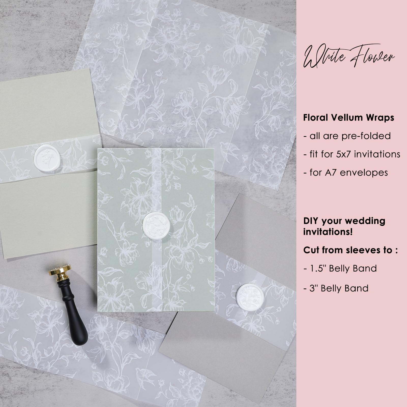 UNIQOOO Paquete de 50 elegantes chaquetas de vitela blancas para invitaciones de 5 x 7, papel vitela preplegado de 115 g/m², para invitaciones de boda, bodas y eventos temáticos blancos