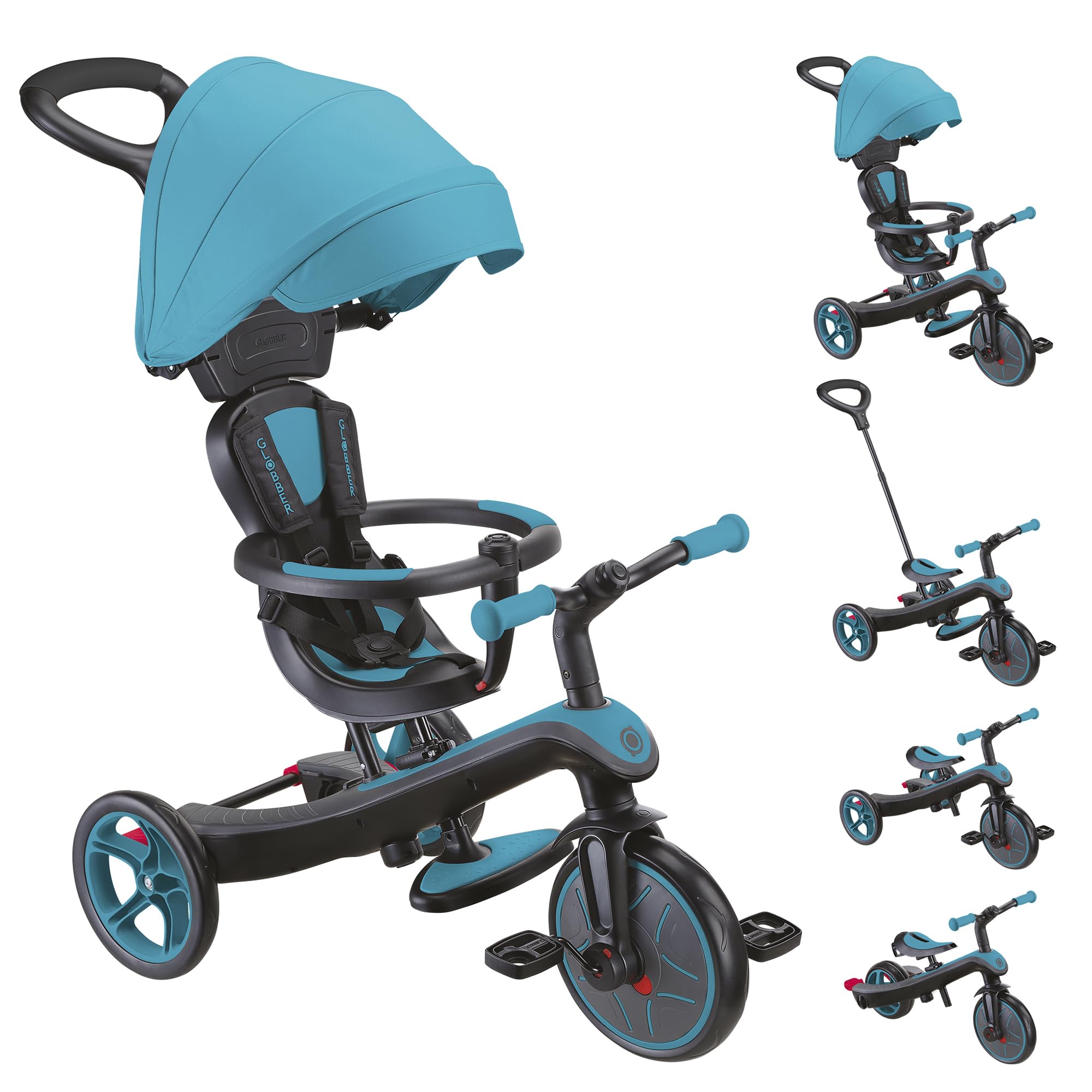 Globber - Triciclo Explorer 4 in 1 - Triciclo evolutivo e drenante per bambini dai 10 mesi ai 5 anni - Versione 2 - Blu Turchese
