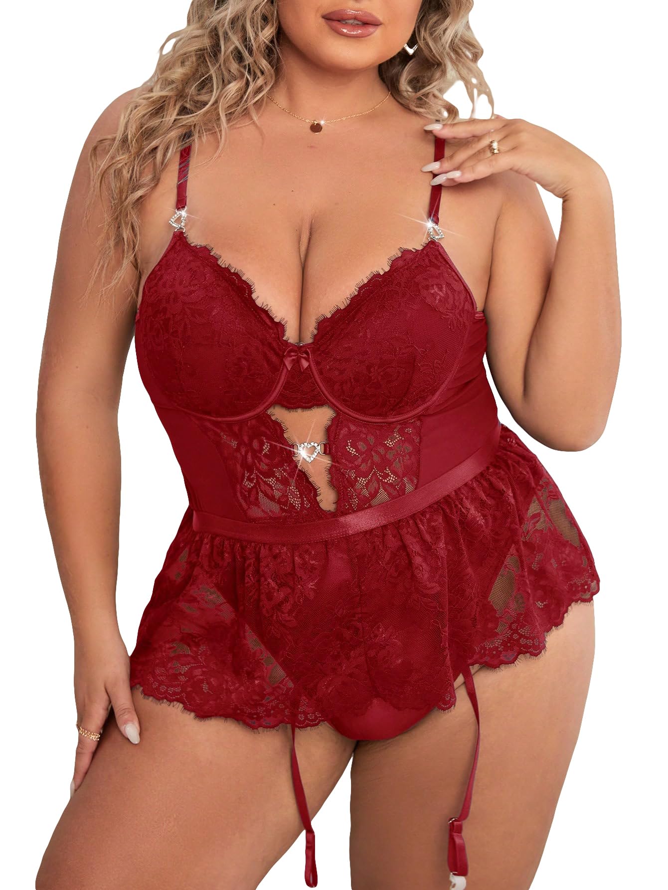 OYOANGLEWomen's Plus Size Floral Lace Spaghetti Strap V Neck Cut Out Teddy Lingerie Set with Garter Belts Red 2XL