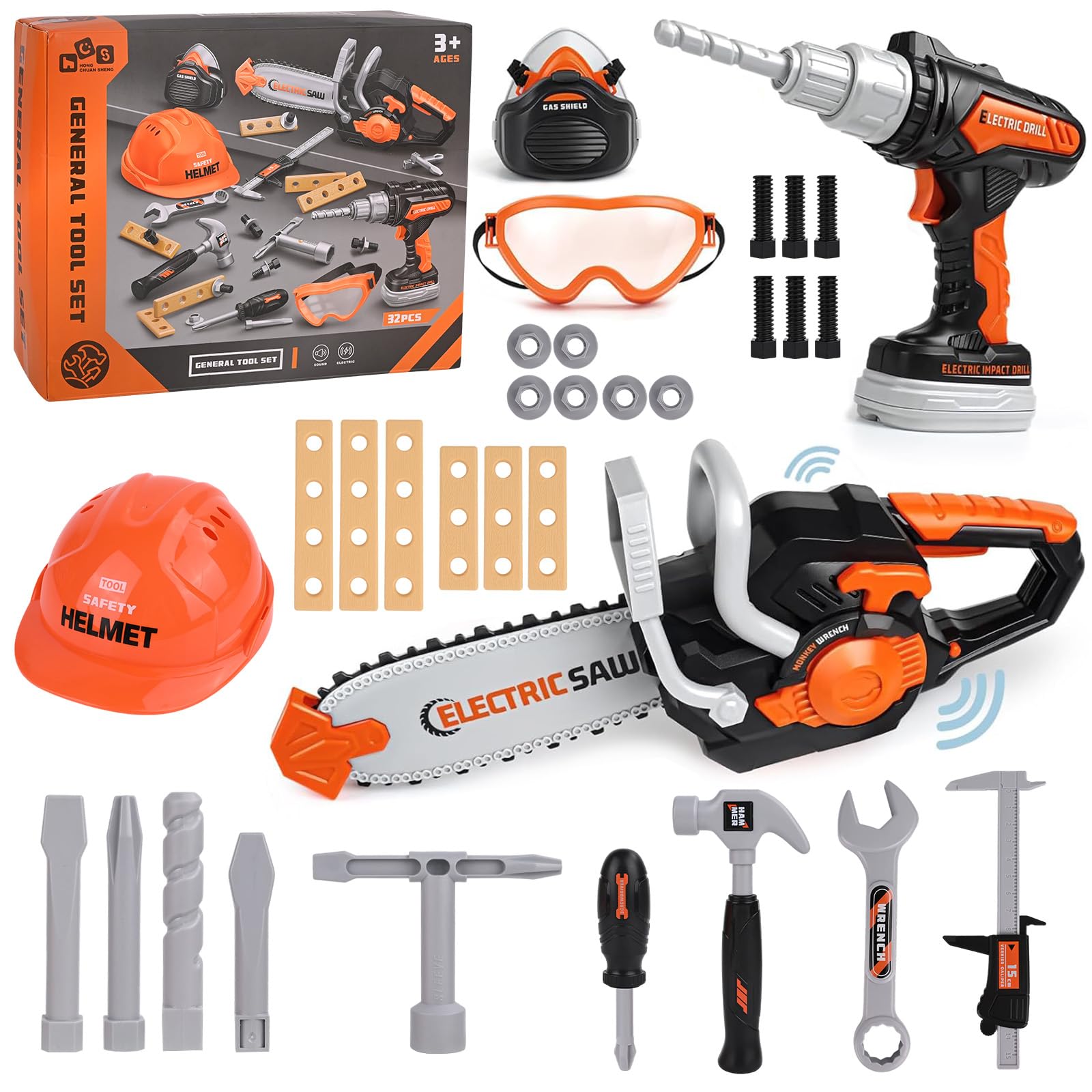 Box Tools Toy Children 3 Years, 32pcs Tools Toys Drill Children with Electric Drill, Chainsaw, Gift Child 3 4 5 6 Years