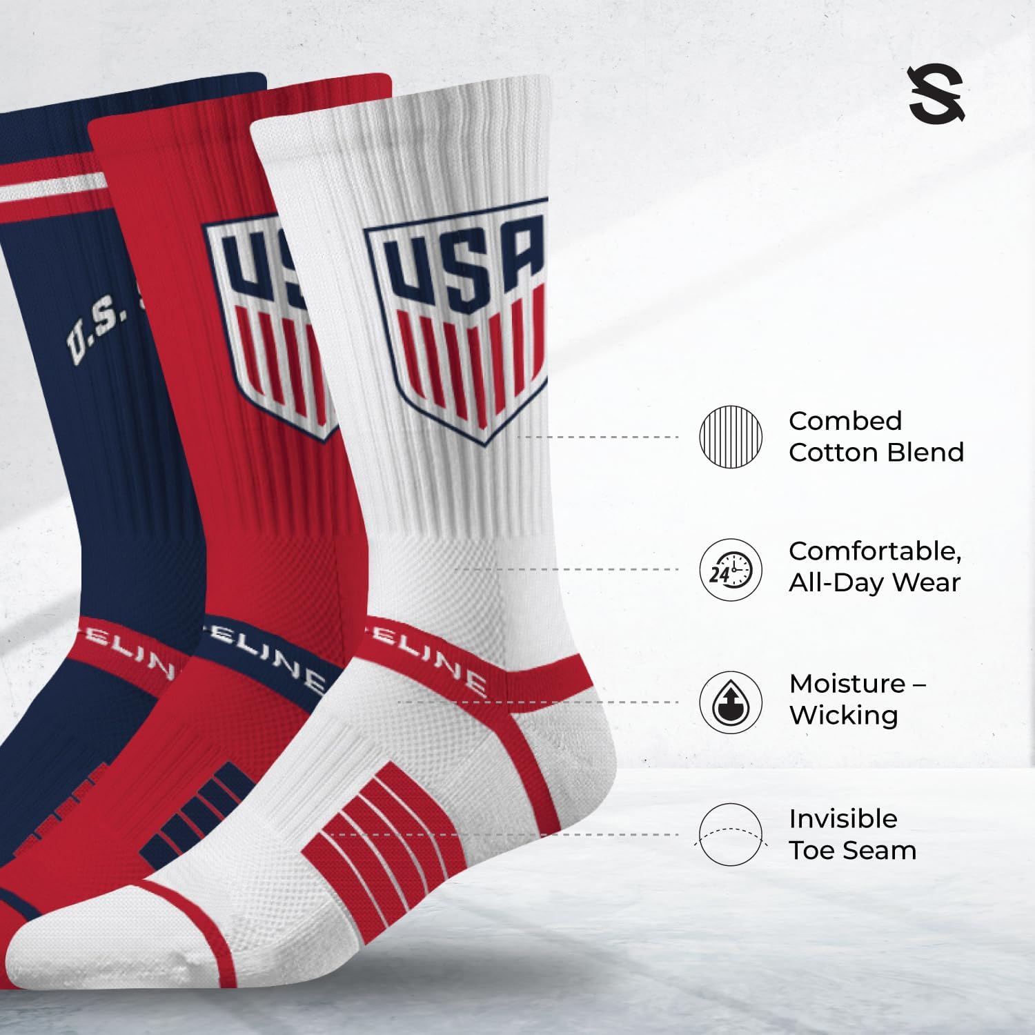 Strideline Mens US Soccer Premium Crew Socks- The Team USA 3 Pack-Size M/L (8-12)