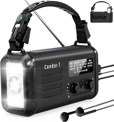 Radio meteorológica de emergencia (Condor 1) NOAAAMFM con radio portátil de 74000 mWh, carga USB-Csolarmanivela, alarma SOS, linterna, lámpara de