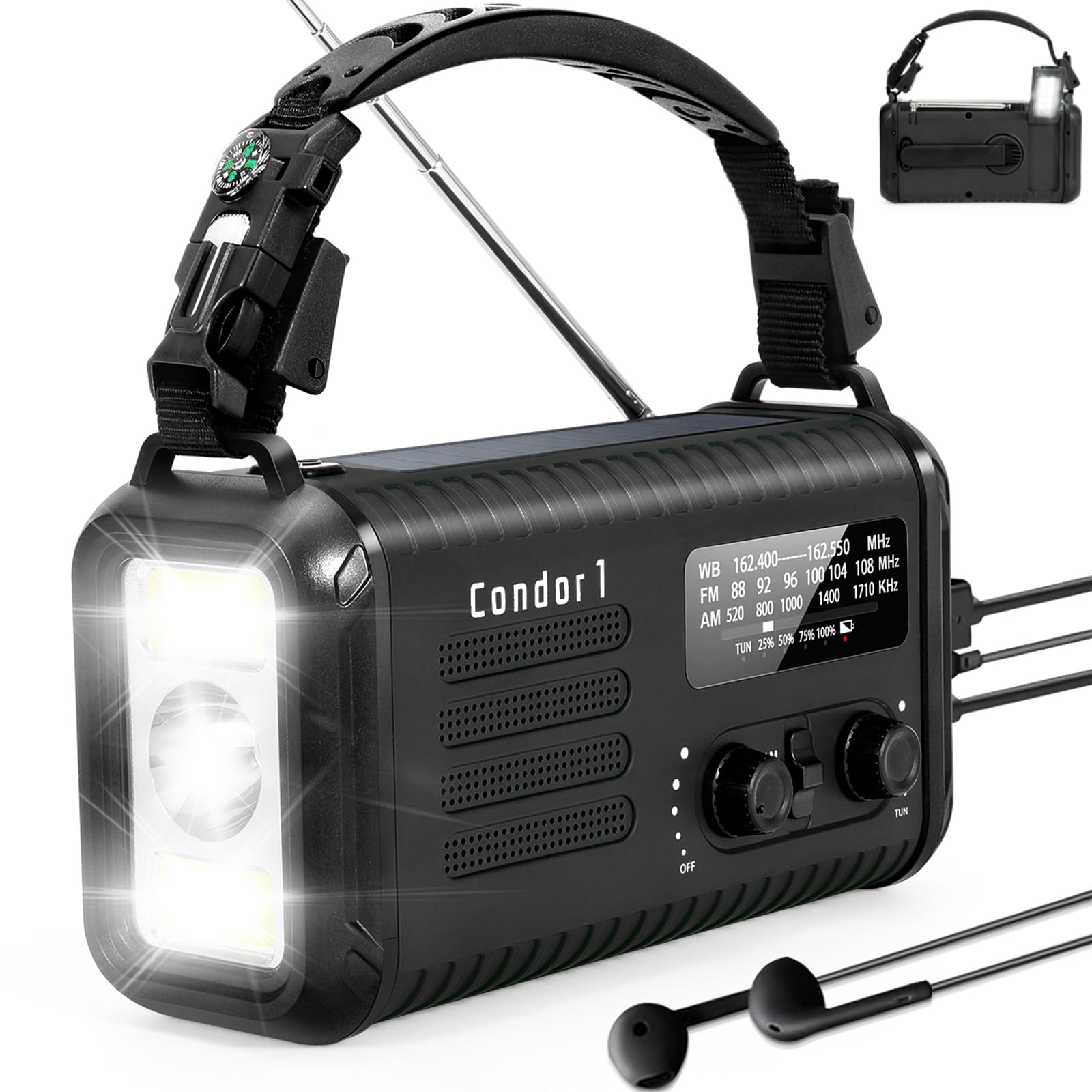 Emergency Weather Radio (Condor 1) NOAA/AM/FM with 74000mWh Portable Radio, USB-C/Solar/Hand Crank Charging, SOS Alarm, Flashlight, Reading Lamp & Survival Handle Kit for Indoor/Outdoor (Black)-image-48