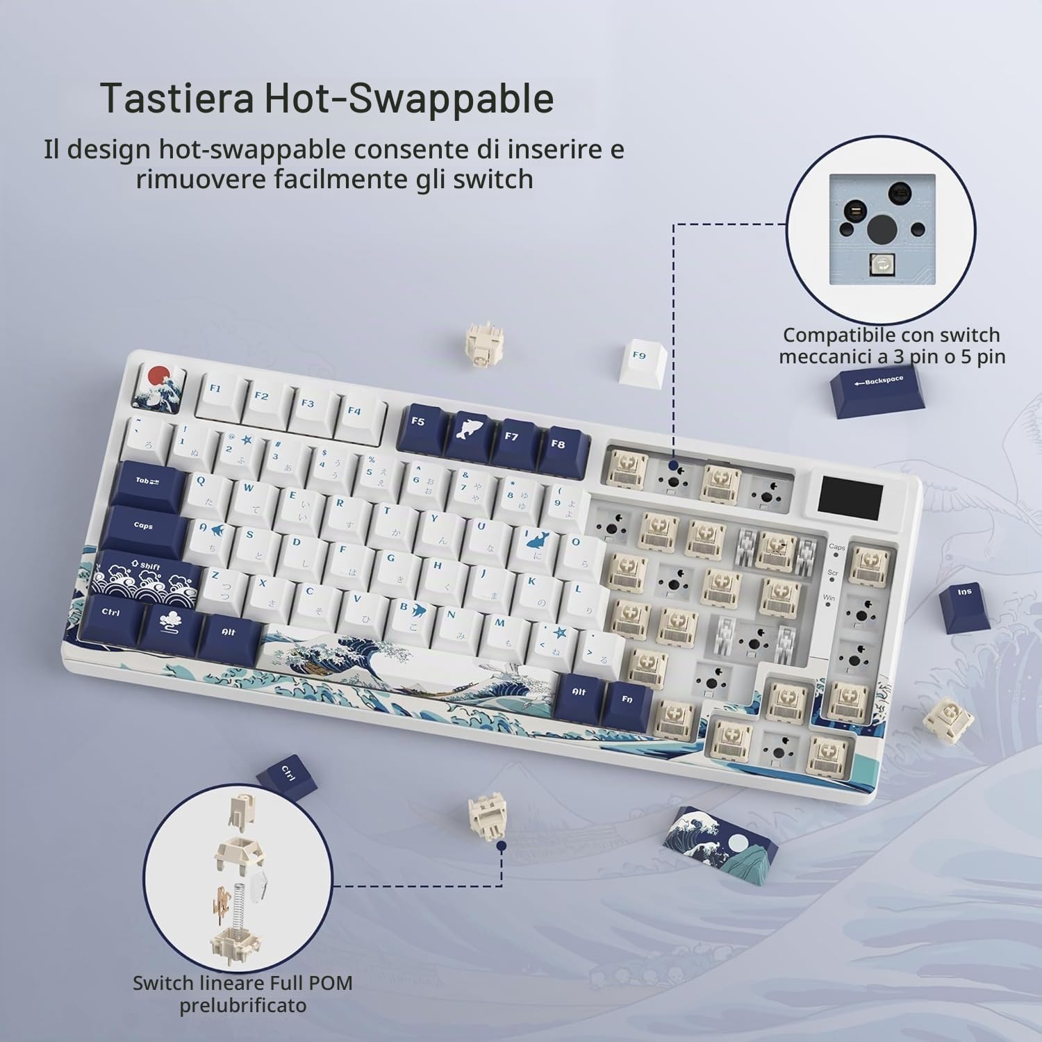 SK80 Tastiera meccanica da gioco 75% - Retroilluminazione LED compatta USB C, hot swap, tema Kanagawa, montaggio con guarnizione RGB personalizzata per Mac/Win, bianco