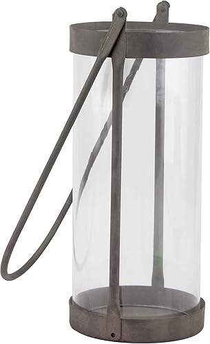 Miniatura 3 de Stonebriar Linterna de cristal industrial de la vela del huracán del cilindro con el marco y la manija rústica del metal del cinc