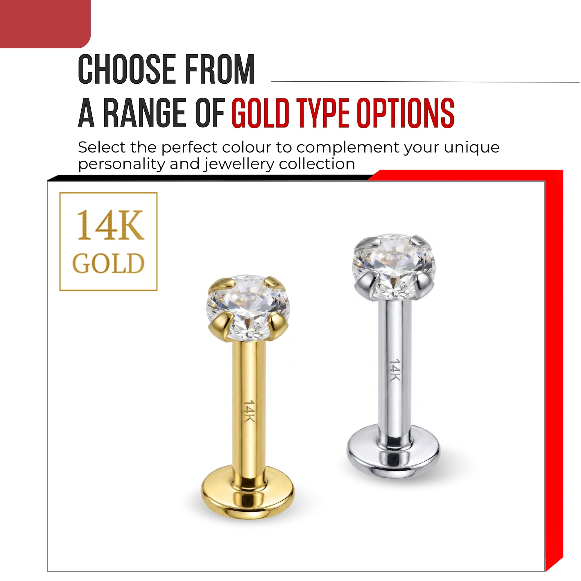Piercing de labio de oro amarillo macizo de 14 quilates, oro blanco, circonita cúbica redonda, sin rosca, parte superior de calibre 16, parte trasera plana, piercing de barra para tragus